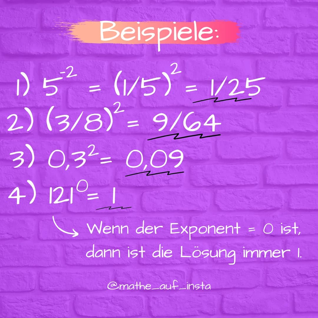 Potenzen mit
ganzen
Hochzahlen
@mathe_auf_insta $2^4 = 2 \cdot 2 \cdot 2 \cdot 2 = 16$
Basis (Grundzahl)
Exponent (Hochzahl)
@mathe_auf_i