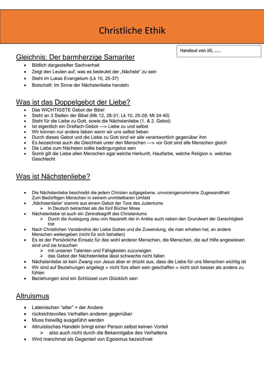 # Christliche Ethik
Handout von Jill, .....
## Gleichnis: Der barmherzige Samariter
* Bildlich dargestellter Sachverhalt
* Zeigt den Leut