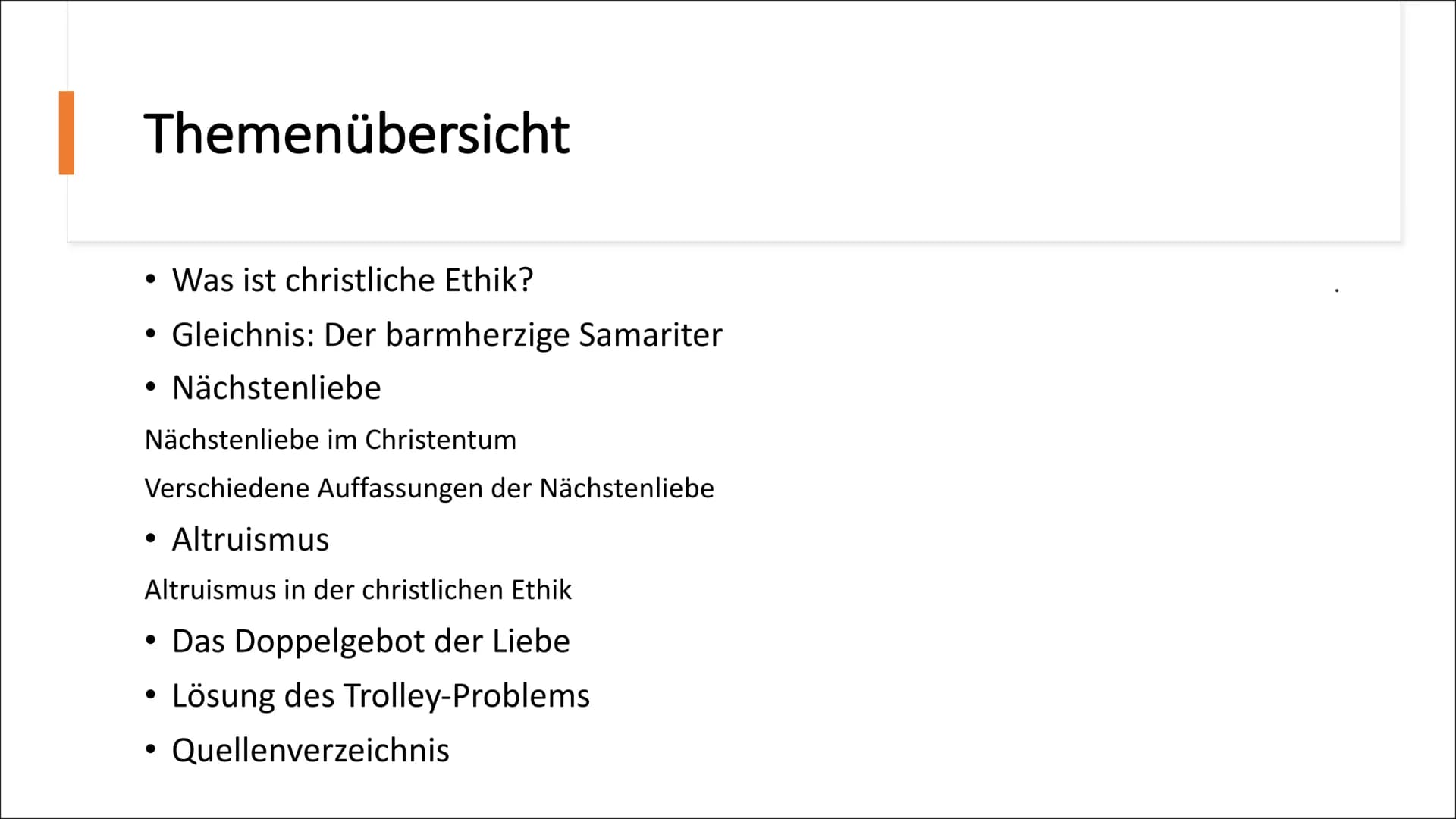 # Christliche Ethik
Handout von Jill, .....
## Gleichnis: Der barmherzige Samariter
* Bildlich dargestellter Sachverhalt
* Zeigt den Leut