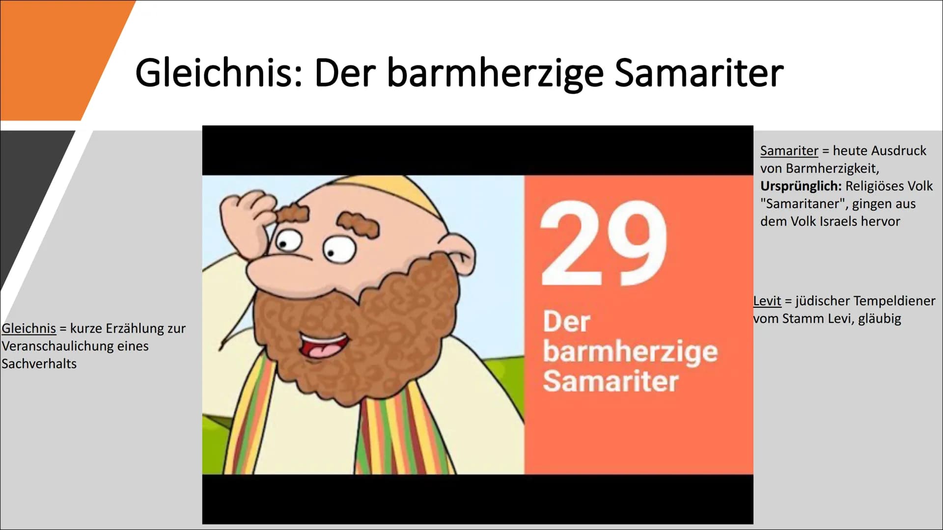 # Christliche Ethik
Handout von Jill, .....
## Gleichnis: Der barmherzige Samariter
* Bildlich dargestellter Sachverhalt
* Zeigt den Leut