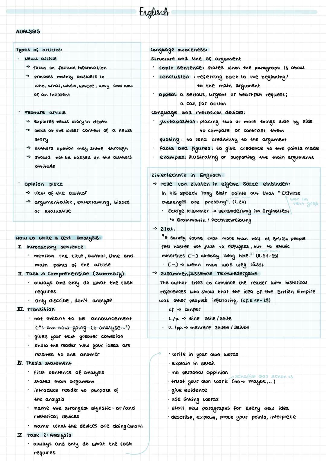 # Englisch
## ANALYSIS
### Types of articles:
* **News article**
* focus on factual information
* provides mainly answers to