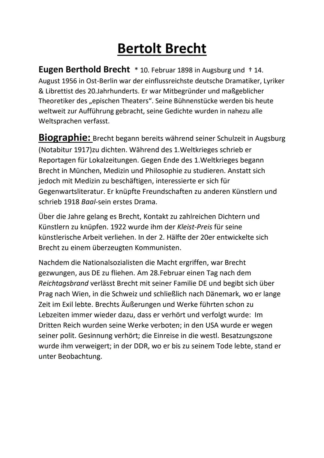 # Bertolt Brecht
**Eugen Berthold Brecht** * 10. Februar 1898 in Augsburg und † 14.
August 1956 in Ost-Berlin war der einflussreichste deut