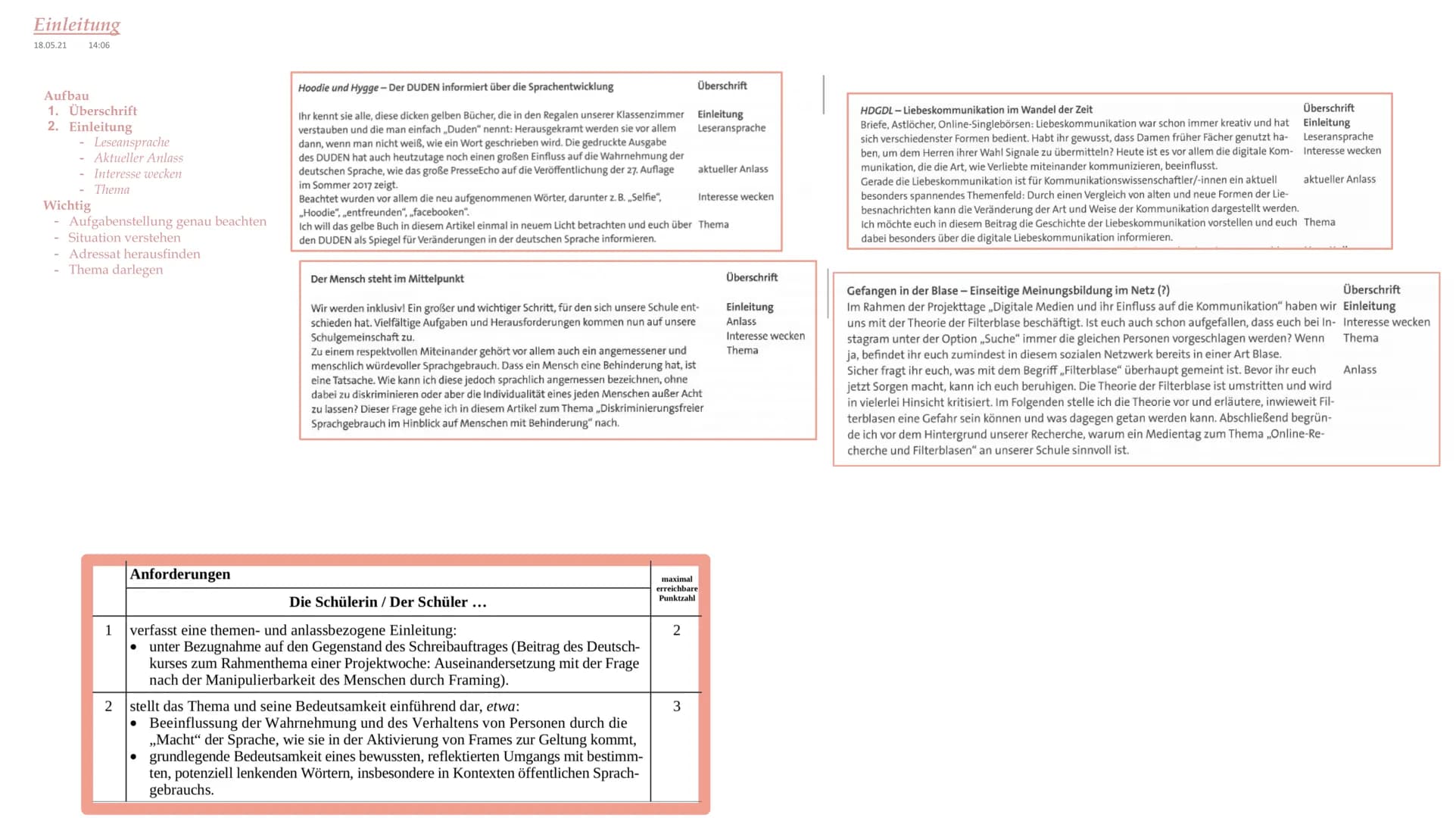 # Einleitung
18.05.21
14:06
## Aufbau
1. Überschrift
2. Einleitung
- Leseansprache
- Aktueller Anlass
- Interesse wecken
-