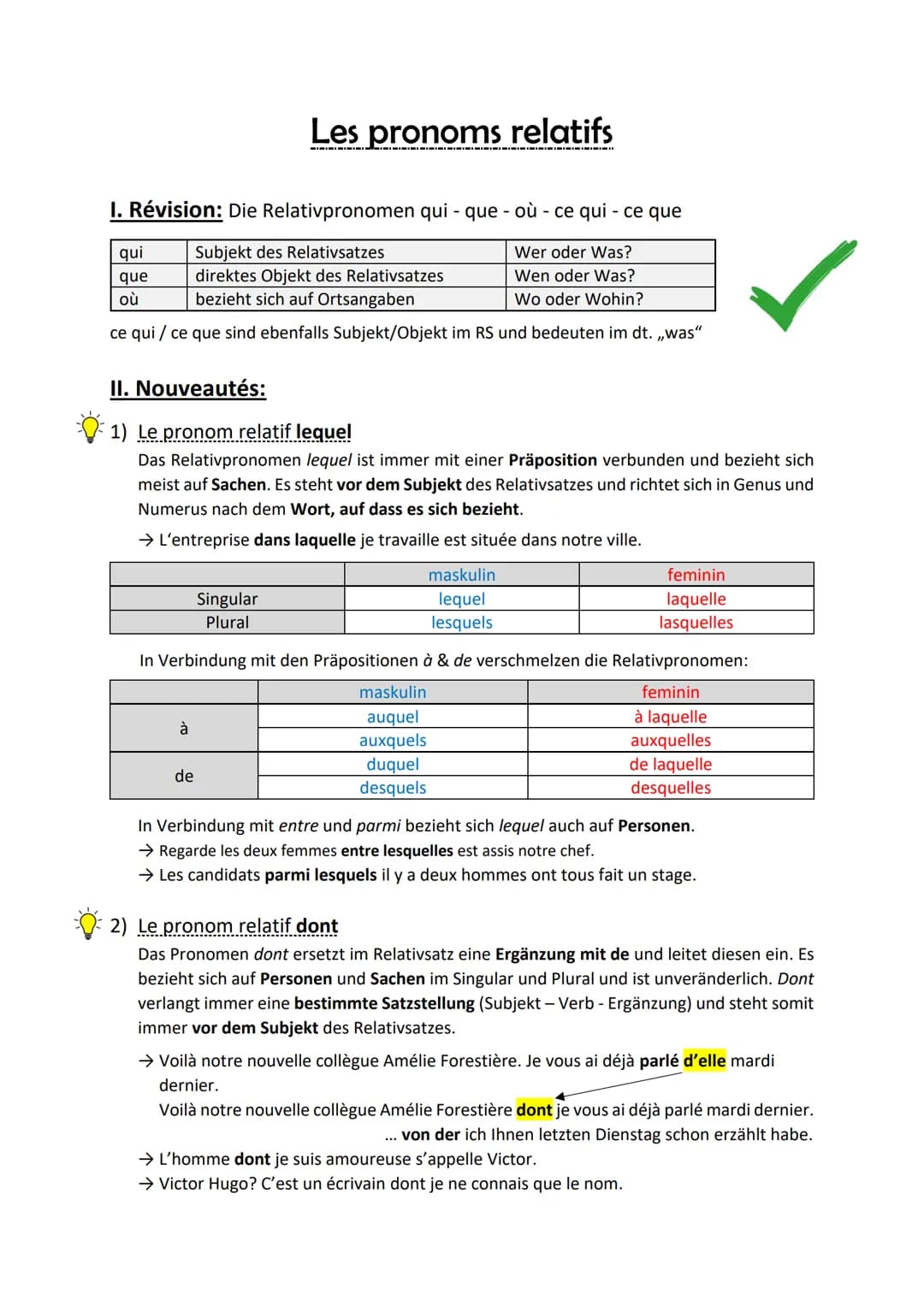 # Les pronoms relatifs
## I. Révision: Die Relativpronomen qui - que - où - ce qui - ce que
| | | |
|---|---|---|
| qui | Subjekt des Rela