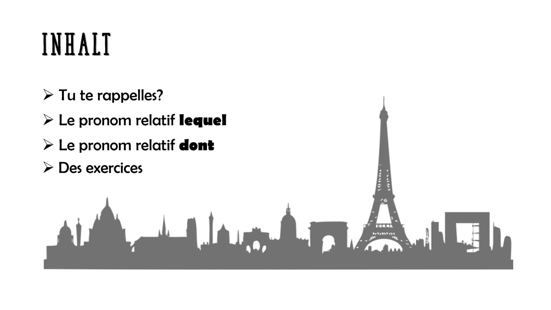 # Les pronoms relatifs
## I. Révision: Die Relativpronomen qui - que - où - ce qui - ce que
| | | |
|---|---|---|
| qui | Subjekt des Rela