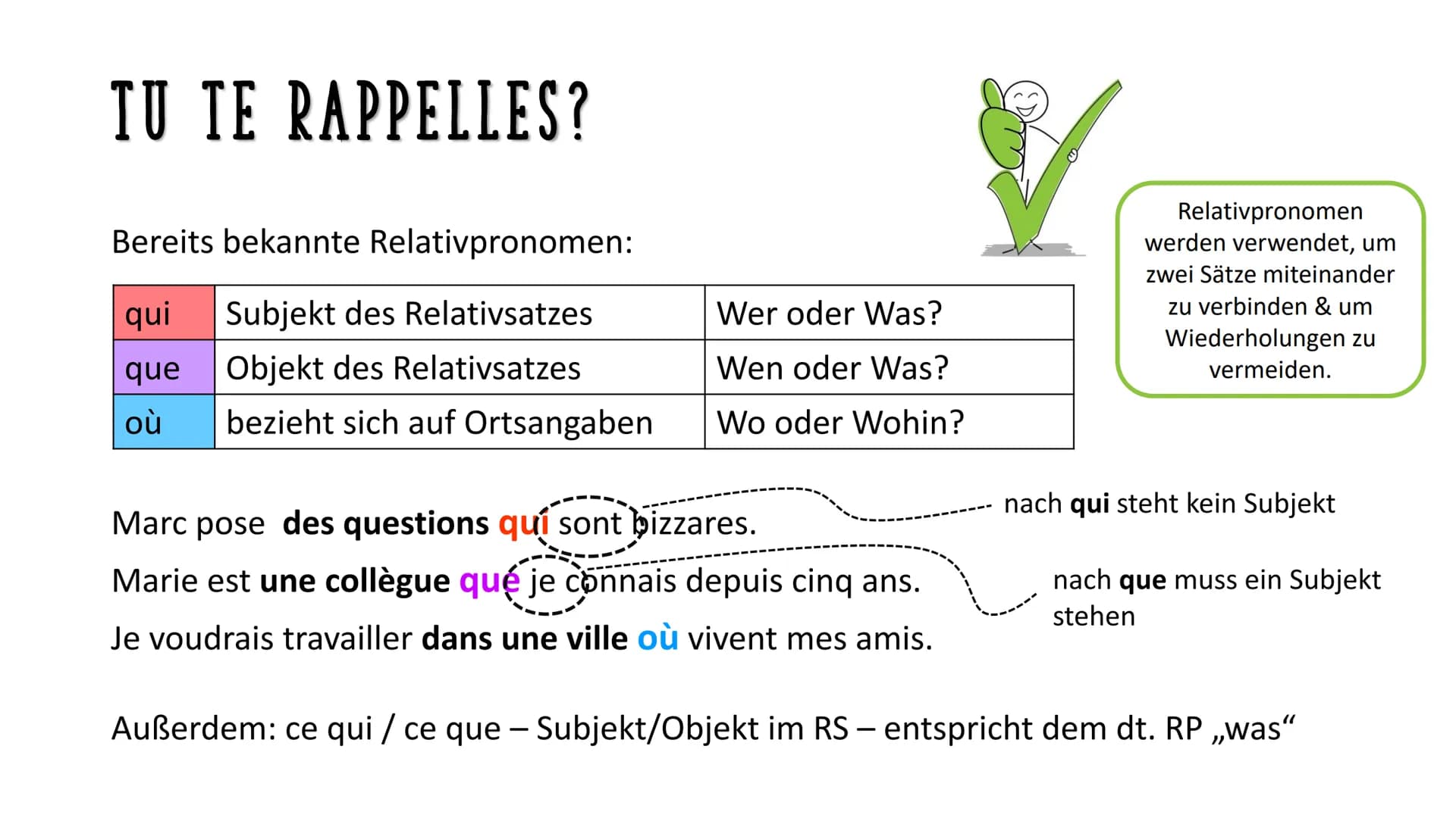# Les pronoms relatifs
## I. Révision: Die Relativpronomen qui - que - où - ce qui - ce que
| | | |
|---|---|---|
| qui | Subjekt des Rela
