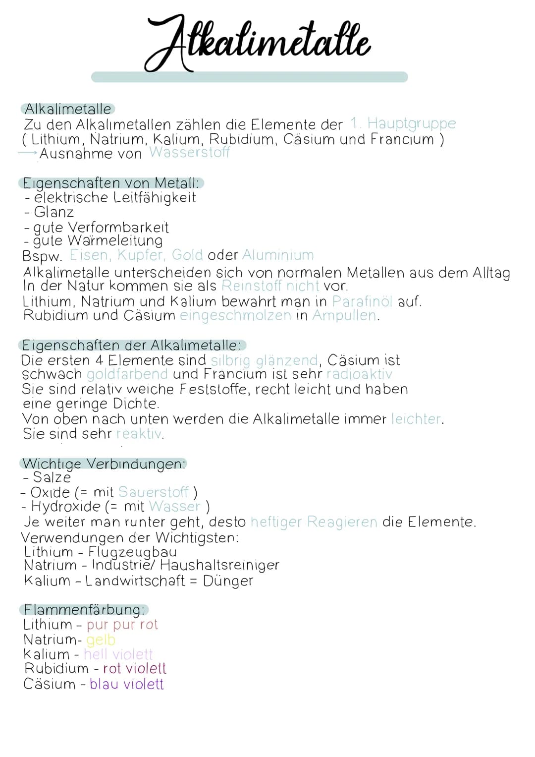 # Alkalimetalle
## Alkalimetalle
Zu den Alkalimetallen zählen die Elemente der 1. Hauptgruppe
(Lithium, Natrium, Kalium, Rubidium, Cäsium u