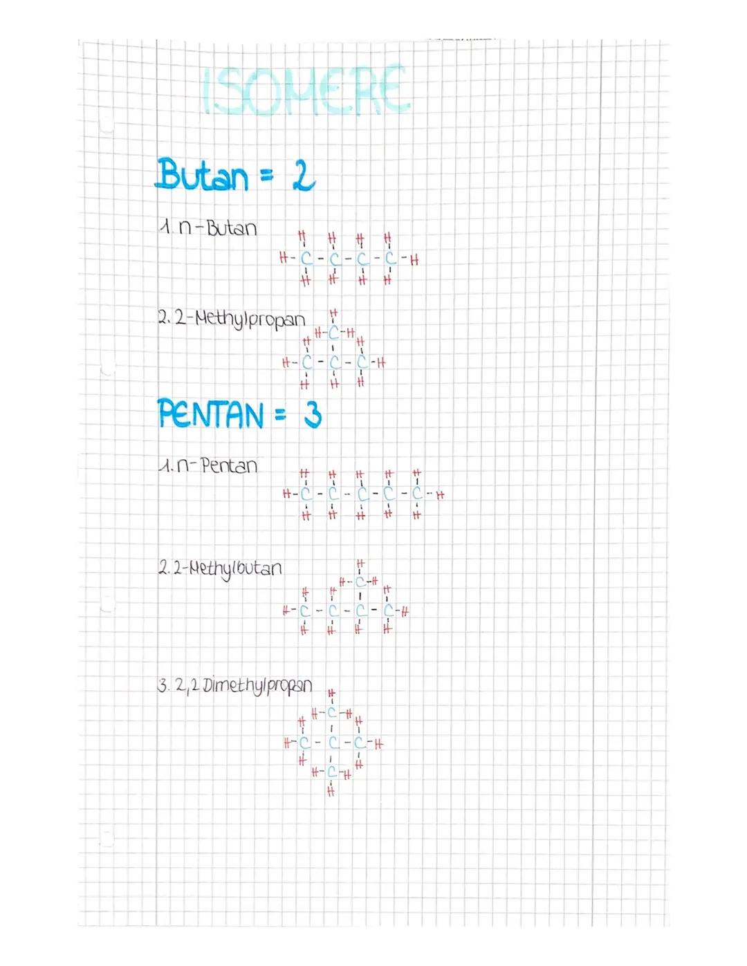Butan = 2
In-Butan
H-C-
2.2-Methylpropan H-C-H
4.n-Pentan
H-C-
PENTAN = 3
H-C-
キーワーキ
2.2-Methylbutan
32,2 Dimethylpropan
#
1
-H
H
##
#
#
#
H