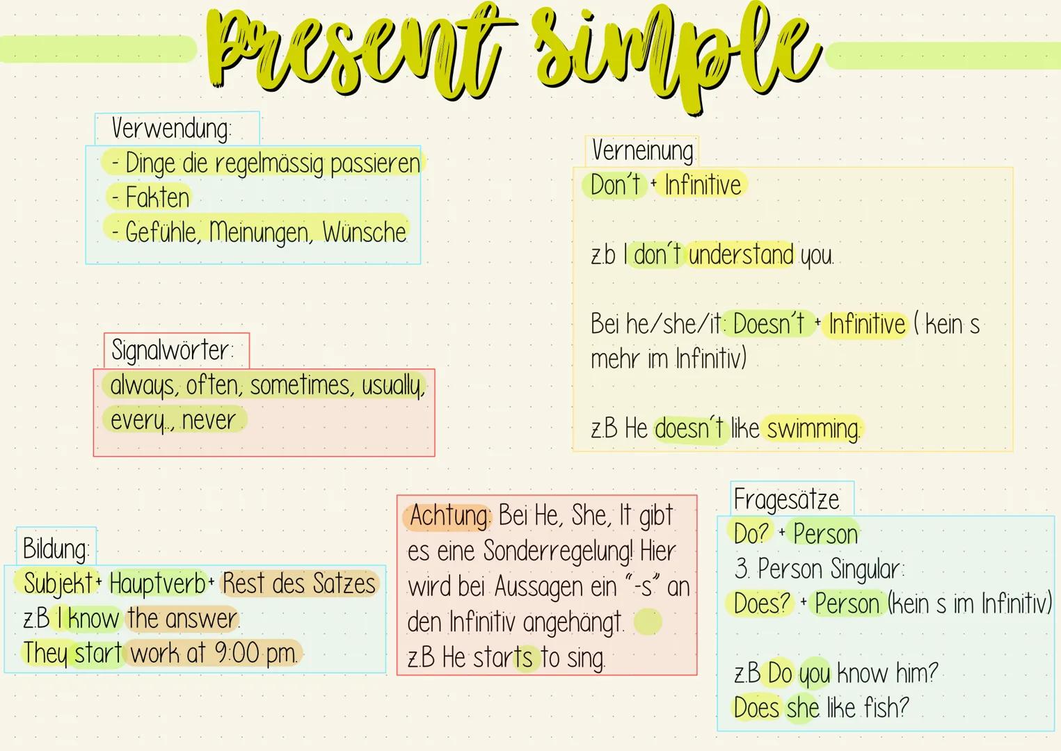 Present simple
Verwendung:
- Dinge die regelmässig passieren
- Fakten
- Gefühle, Meinungen, Wünsche
Signalwörter:
always, often, sometimes