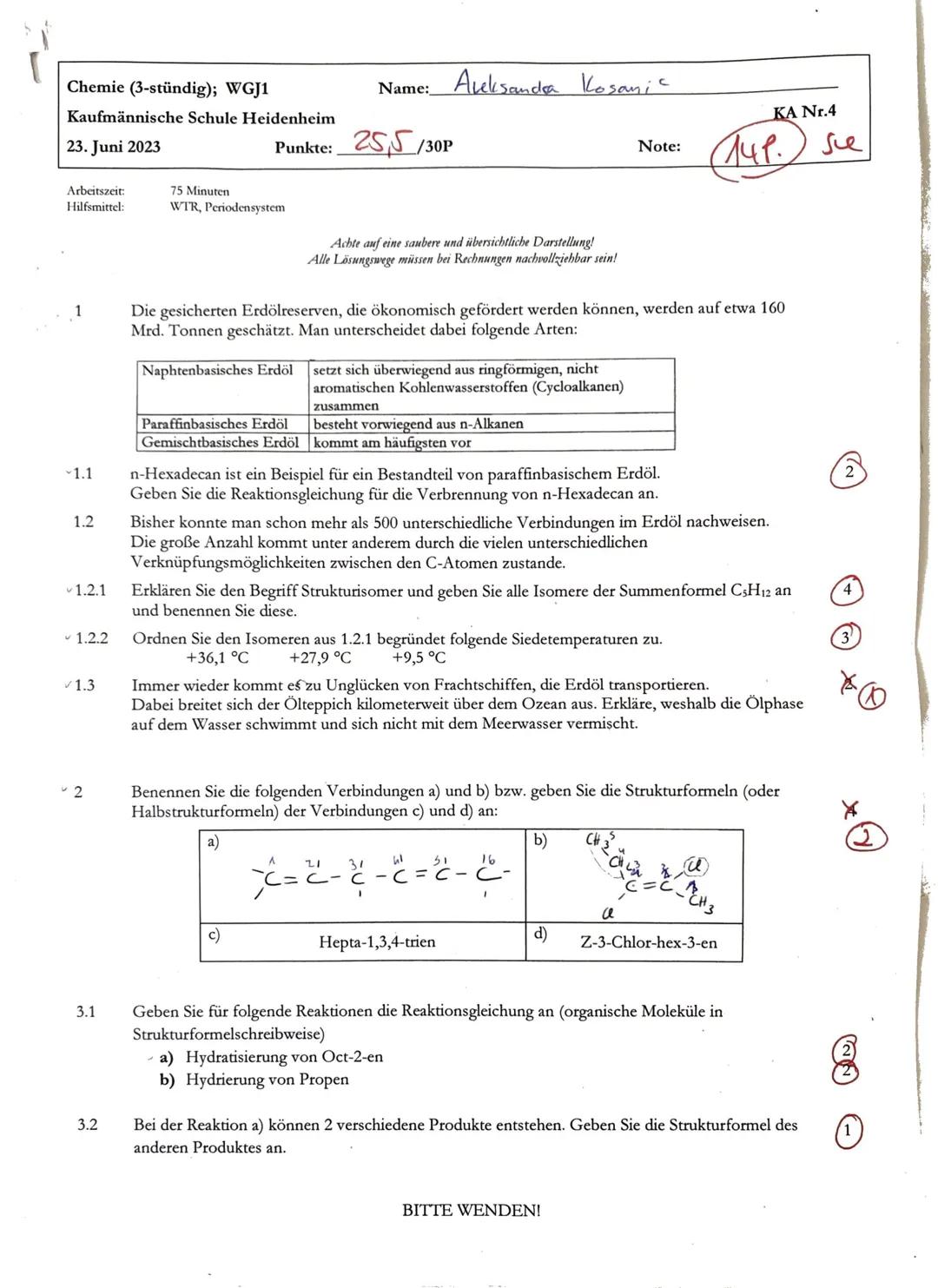 Chemie (3-stündig); WGJ1
Kaufmännische Schule Heidenheim
23. Juni 2023
Arbeitszeit:
Hilfsmittel:
1.1
1.2
v1.2.1
1.2.2
✓1.3
2
3.1
3.2
75 Minu