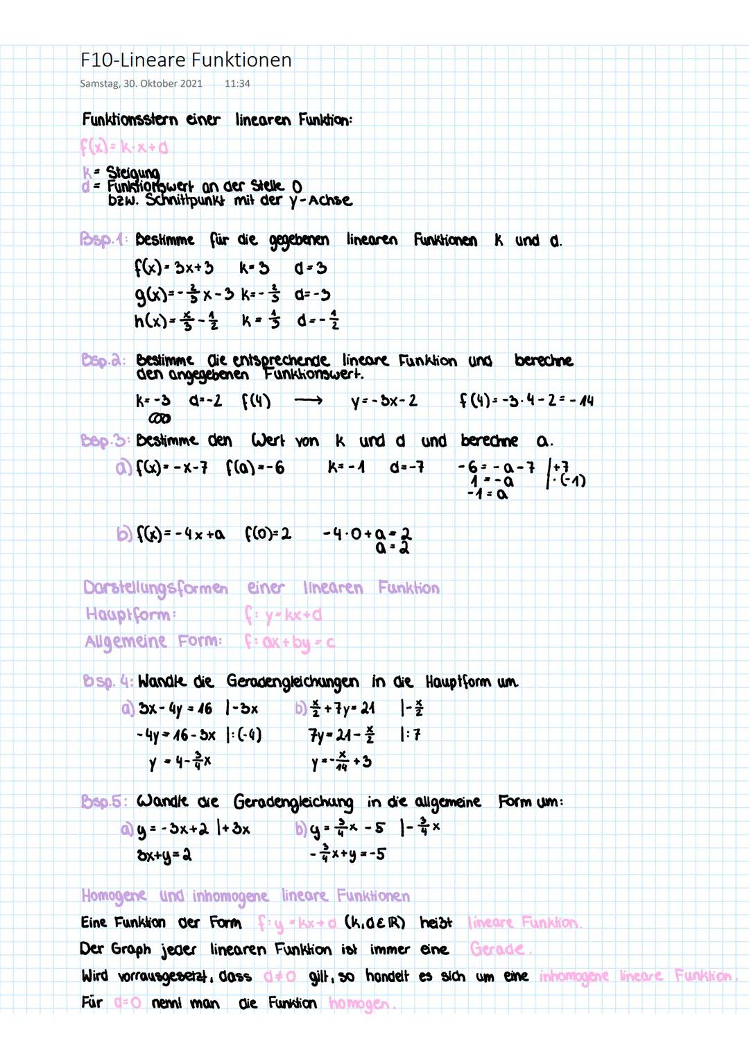 # F10-Lineare Funktionen
Samstag, 30. Oktober 2021 11:34
Funktionsstern einer linearen Funktion:
$f(x)=kx+d$
K- Steigung
d= Funktionswert a