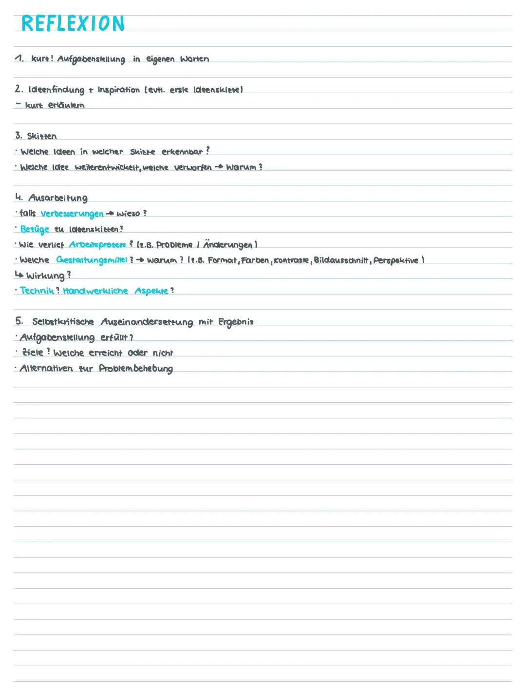 # Reflexion künstlerischer Arbeiten
Ziel der Reflexion:
In deiner Reflexion sollst du deinen Arbeitsprozess und seine Ergebnisse dokumentie