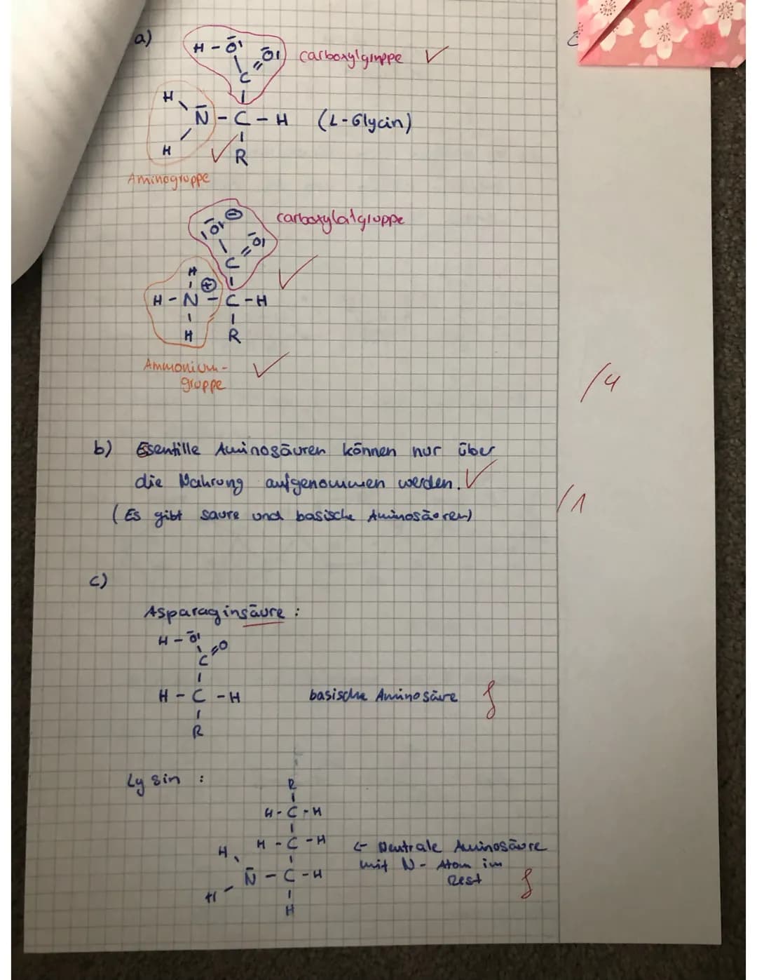 ## A2) a)
H
C=O
C_A
H-C-OH
HO-C-H
H-C-OH
H-C-OH
CH_2OH
*= asym. C-Atome
Bei D-Zuckern steht die OH-Groppe am letzten asymmetrischen C-How n