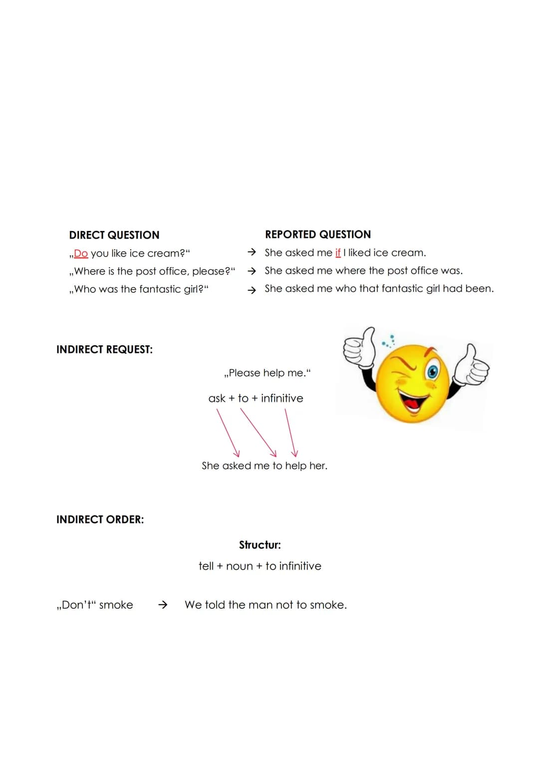 reported speech # Basics
I **like** ice cream.
reporting + (conjunction) + pronoun + verb in present
verb
tense
* She says (that) she *