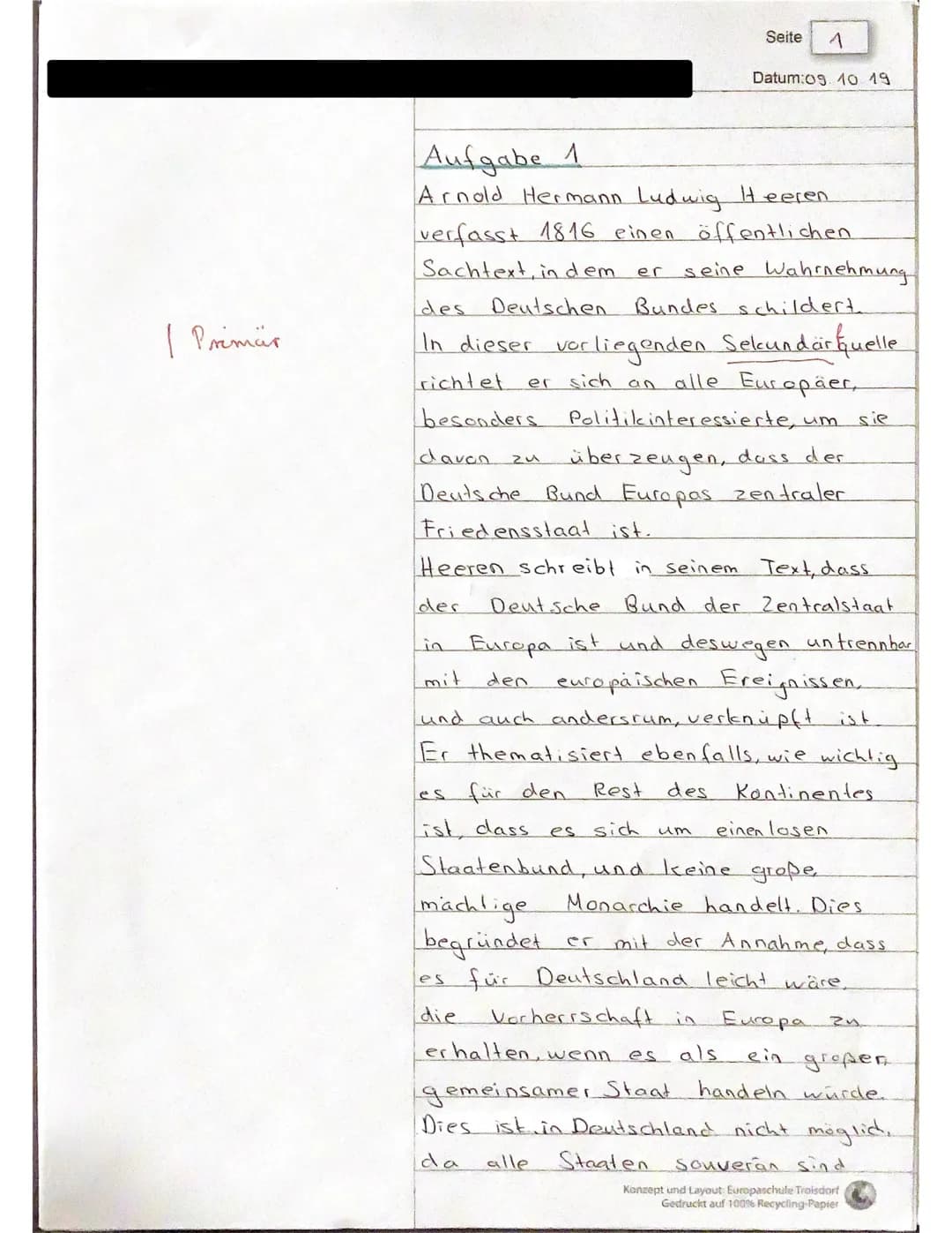 # 1. Klausur LK Geschichte Q1/1. Halbjahr
**Name:**
**Thema:** Europäische Friedensordnung nach den Napoleonischen Kriegen
**Datum:** 09.