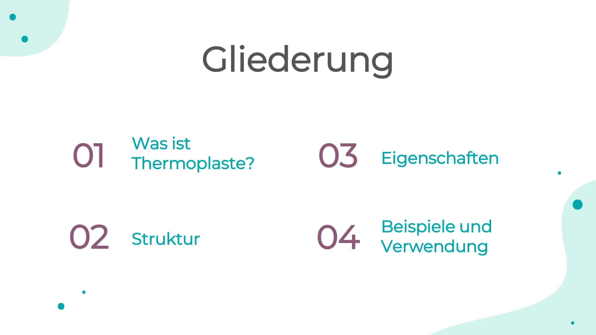# Thermoplaste
Thermoplaste sind Kunststoffe, die sich bei ausreichender Erwärmung plastisch verformen lassen.
## STRUKTUR
- amorphe (1) un