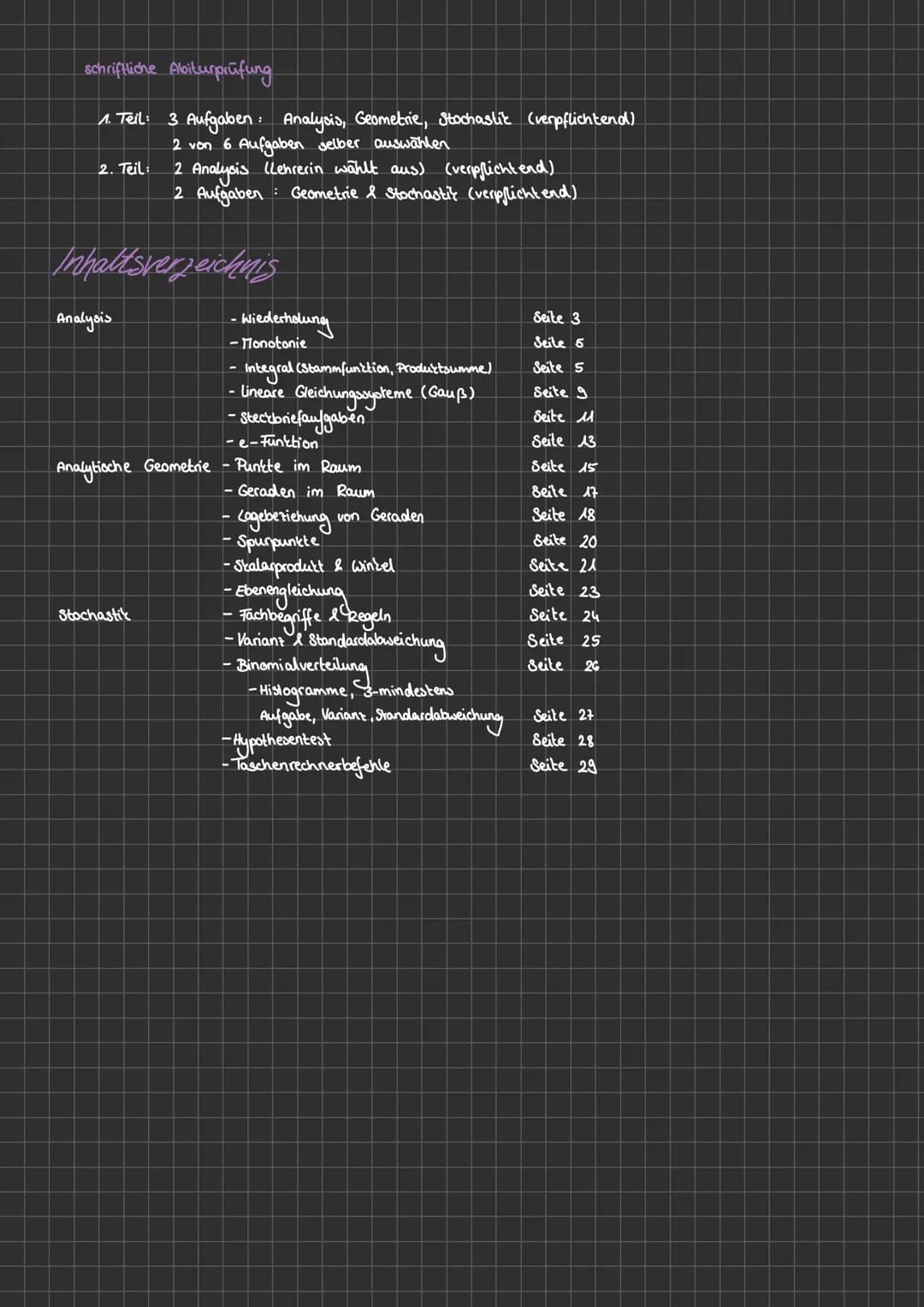 Mathe
ABITUR # schriftliche Abiturprüfung
1. Teil: 3 Aufgaben: Analysis, Geometrie, Stochastik (verpflichtend)
2 von 6 Aufgaben selber au