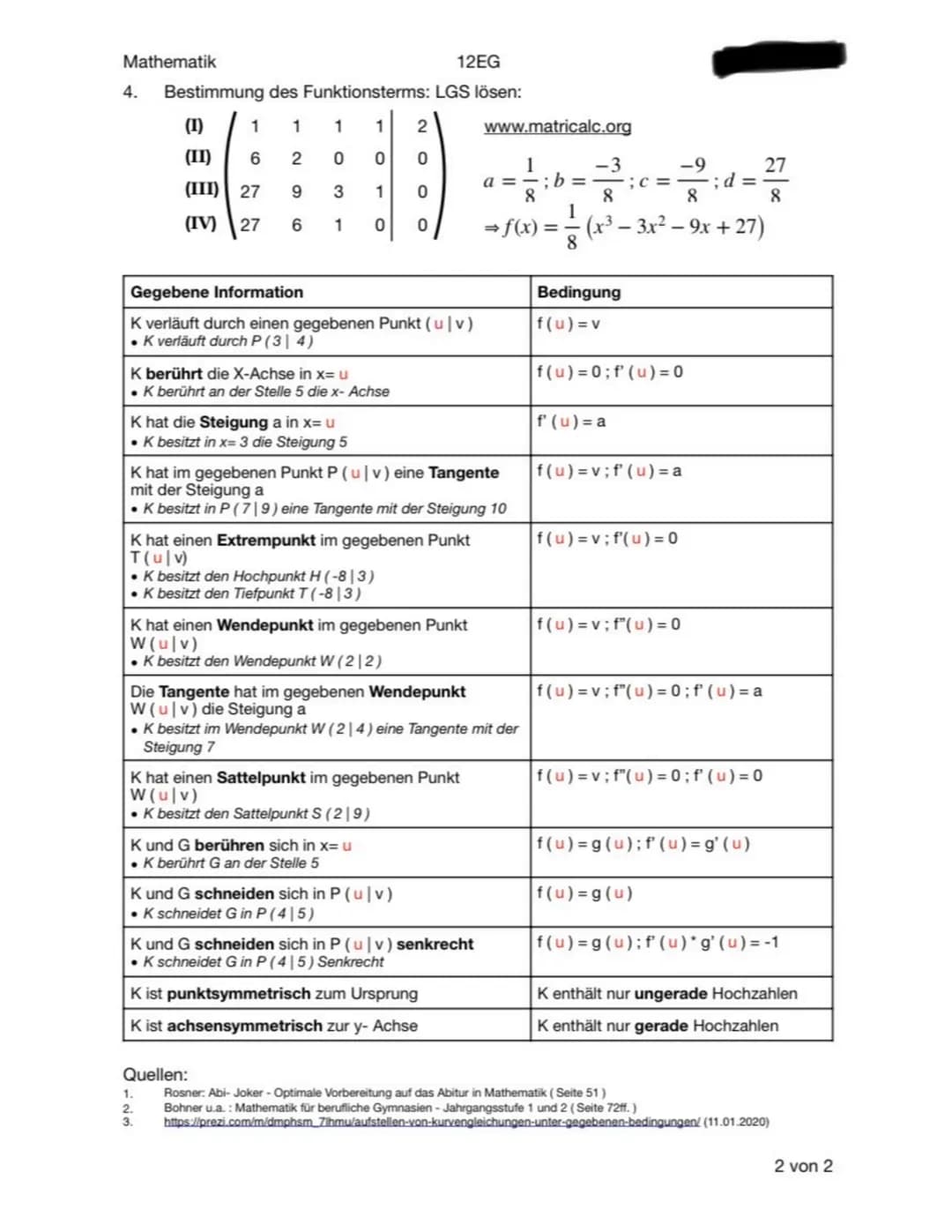 # Mathematik
## 12EG
### 4. Bestimmung des Funktionsterms: LGS lösen:
www.matricalc.org
(I) 1 1 1 1 2
(II) 6 2 0 0 0
(III) 27 9 3 1 0
(IV)