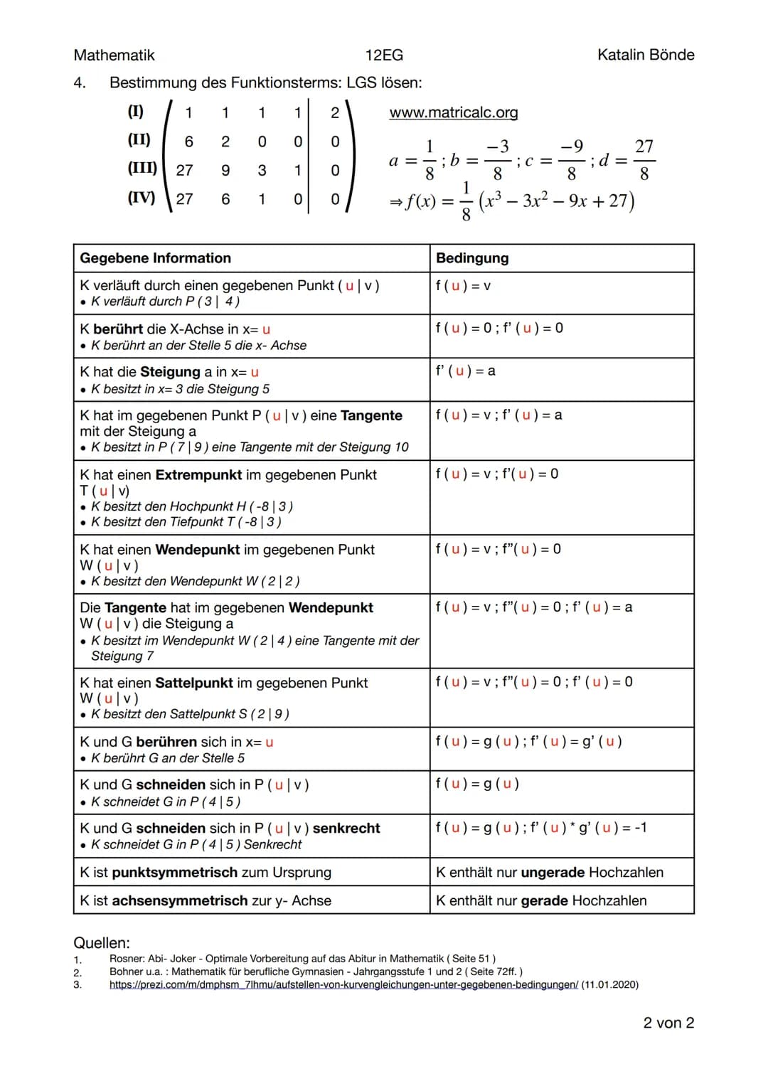 # Mathematik
## 12EG
### 4. Bestimmung des Funktionsterms: LGS lösen:
www.matricalc.org
(I) 1 1 1 1 2
(II) 6 2 0 0 0
(III) 27 9 3 1 0
(IV)