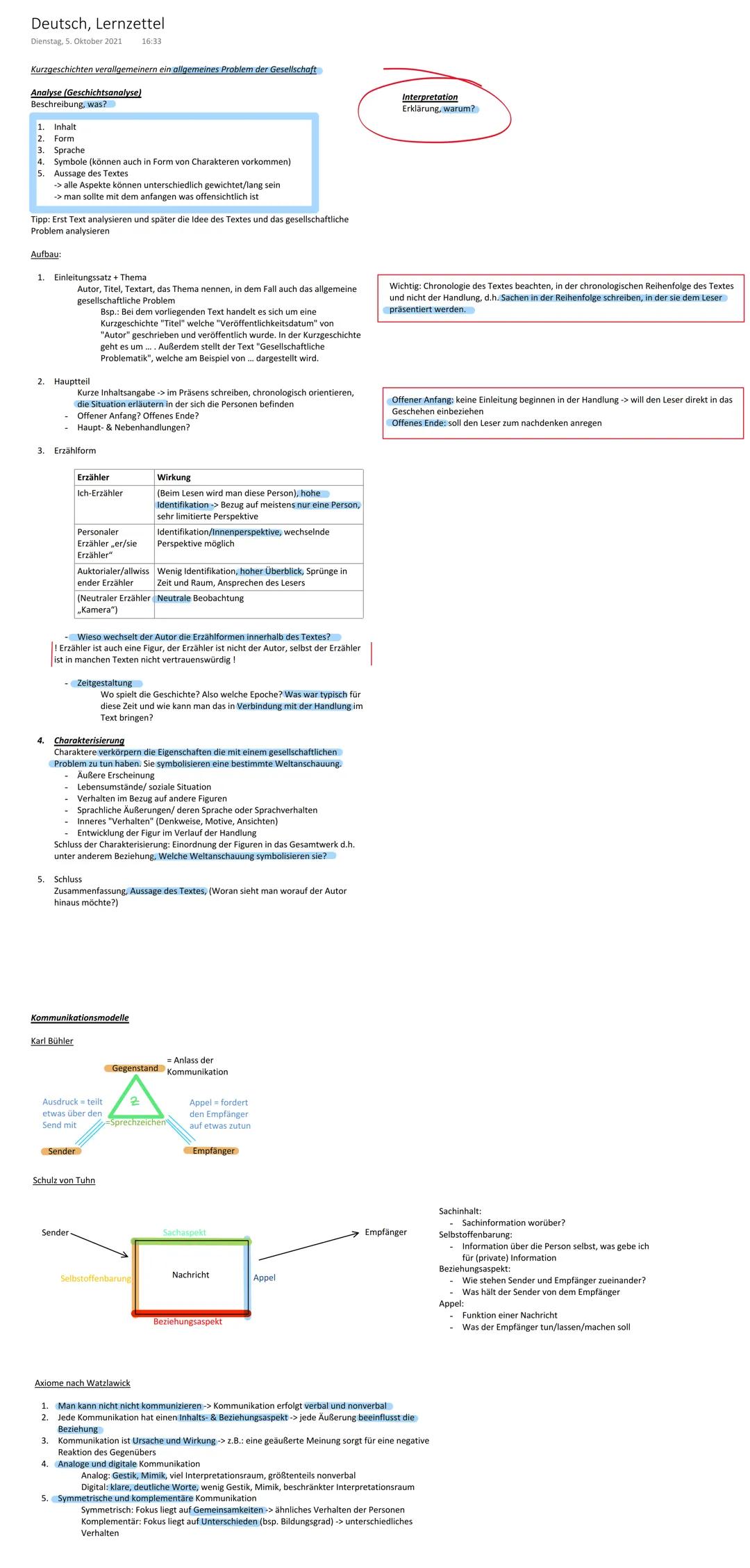 Deutsch, Lernzettel
Dienstag, 5. Oktober 2021 16:33
Kurzgeschichten verallgemeinern ein allgemeines Problem der Gesellschaft
Analyse (Geschi