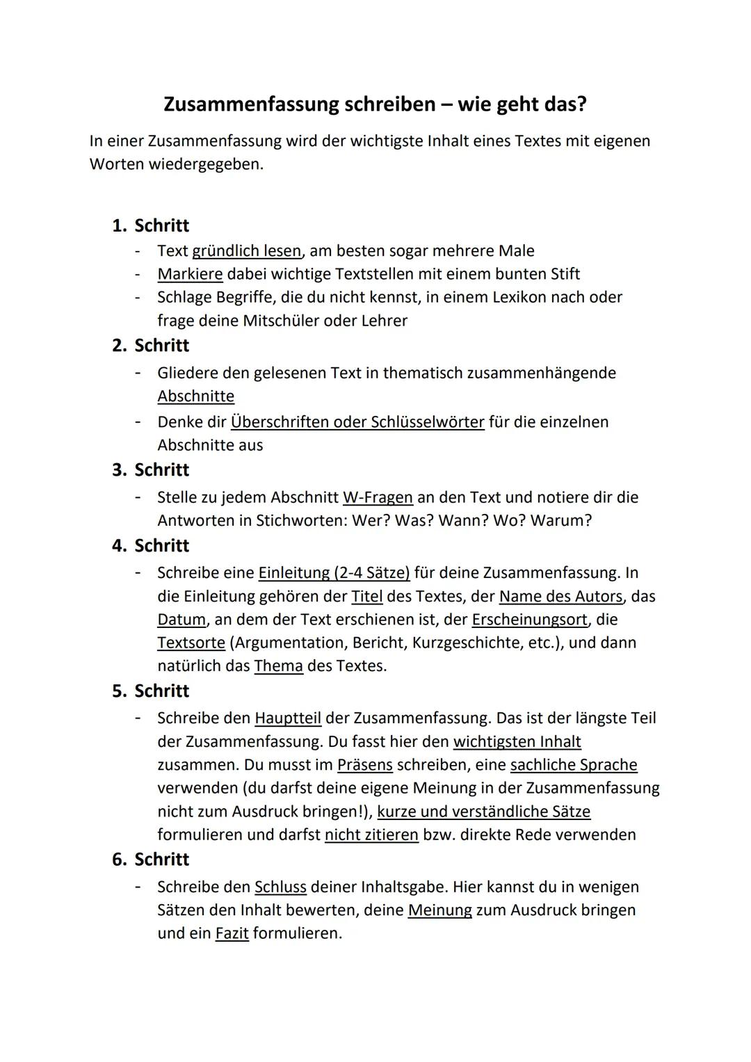 Zusammenfassung schreiben - wie geht das?
In einer Zusammenfassung wird der wichtigste Inhalt eines Textes mit eigenen
Worten wiedergegeben.