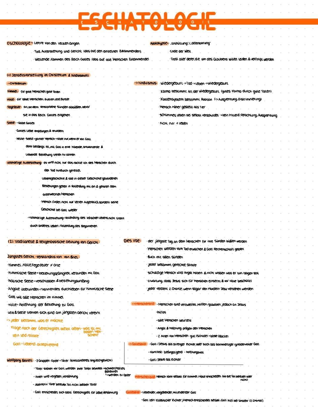# ESCHATOLOGIE
Eschatologie Lenre von den letzten Dingen
Tod. Auferstehung und Gericht (dos auf den einzelnen zukommenden)
Wellende Komme