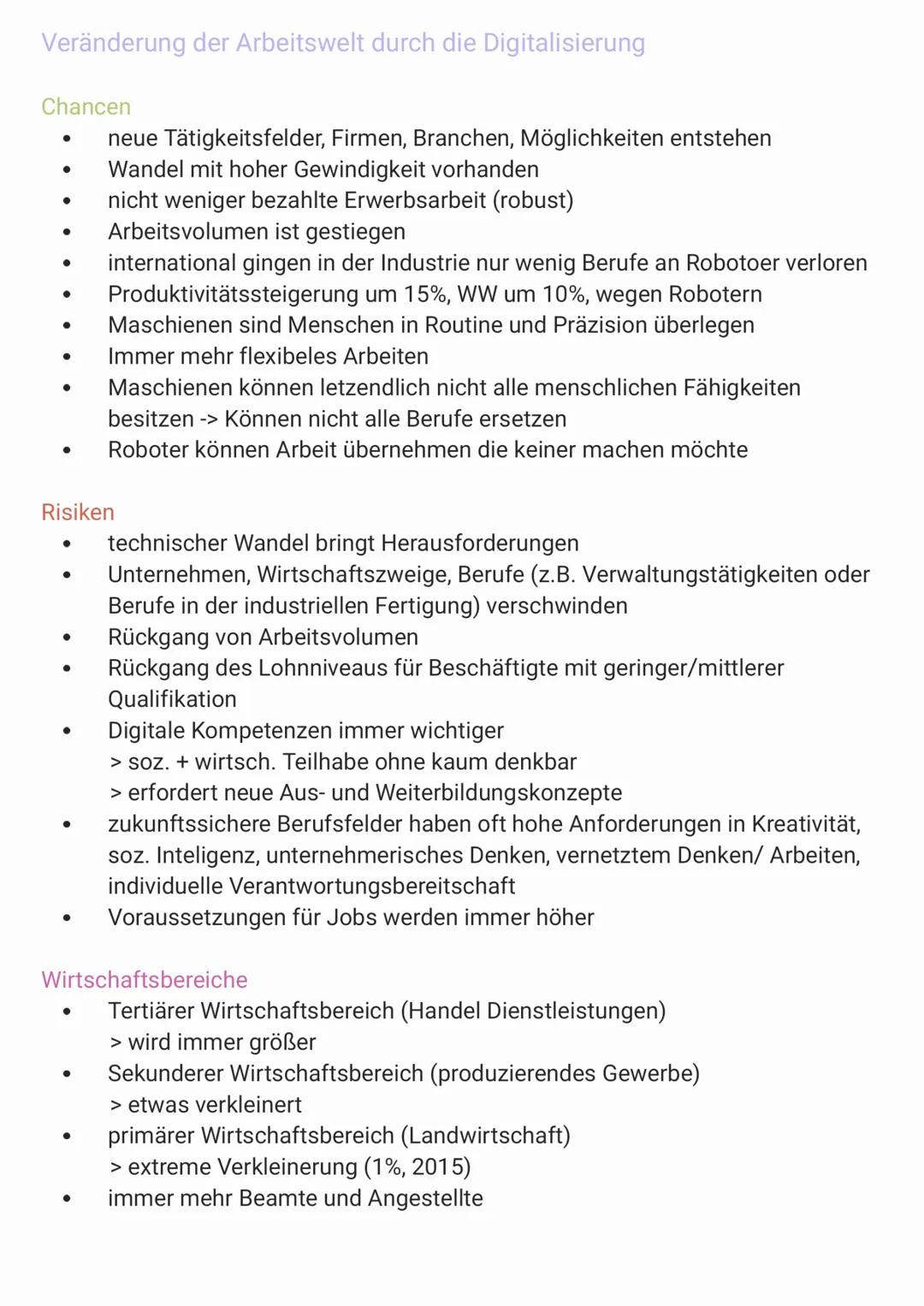 Veränderung der Arbeitswelt durch die Digitalisierung
Chancen
●
●
●
●
●
●
●
●
●
●
Risiken
●
●
●
●
●
●
neue Tätigkeitsfelder, Firmen, Branche