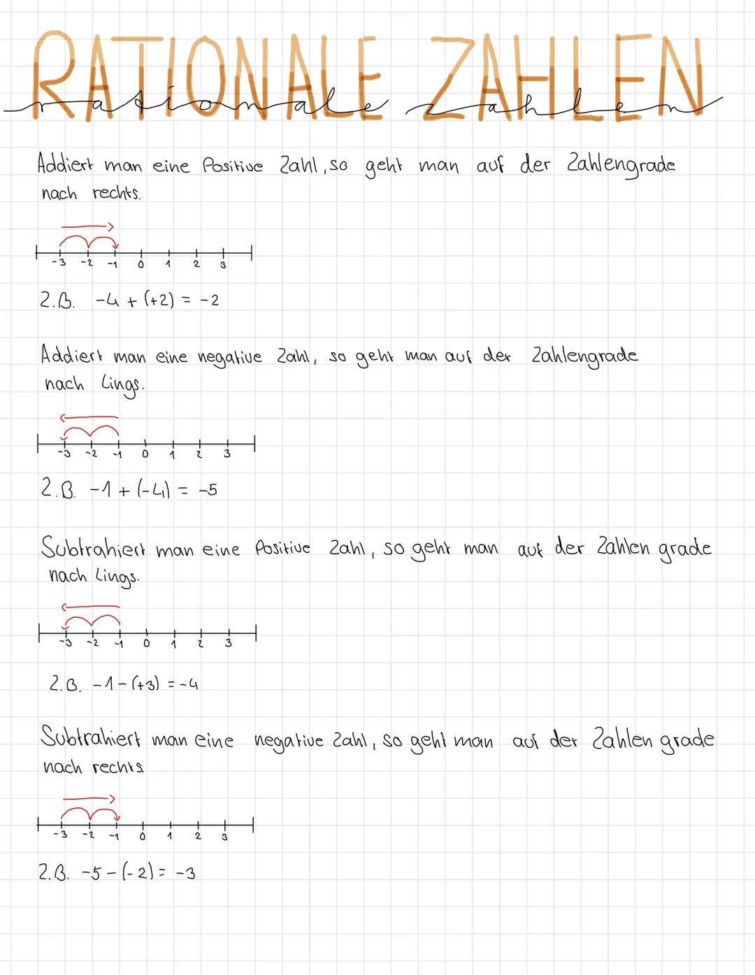 RATIONALE ZAHLEN
Addiert man eine Positive Zahl, so geht man auf der Zahlengrade
nach rechts.
-1 0 1
2.3. -4+ (+2) = −2
Addiert man eine neg