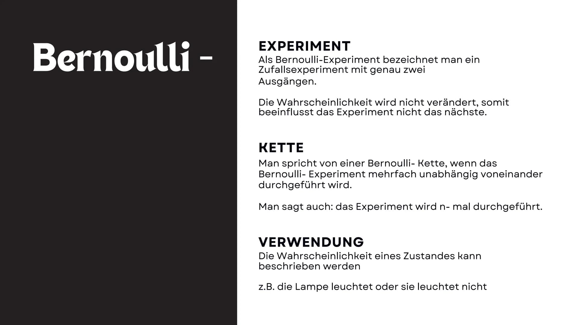 BINOMIALVERTEILUNG
Von Lea und Nicole # Teil 1
1
Bernoulli
2
Binomialverteilung # Bernoulli -
## EXPERIMENT
Als Bernoulli-Experiment bez