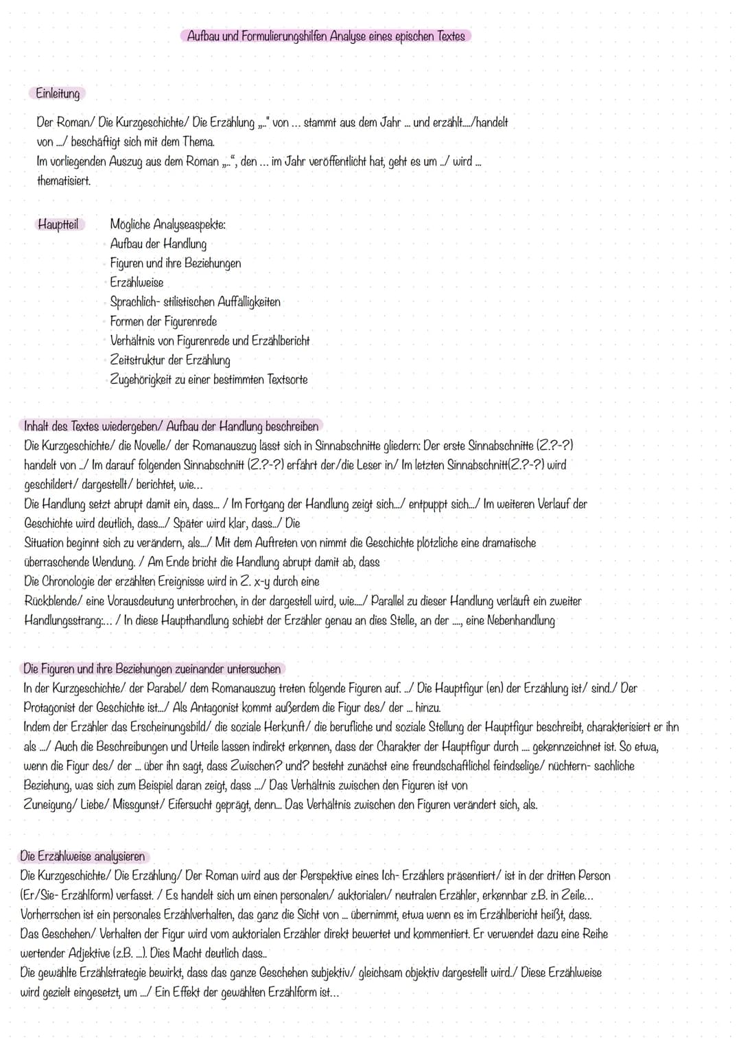 # Aufbau und Formulierungshilfen Analyse eines epischen Textes
## Einleitung
Der Roman/ Die Kurzgeschichte/Die Erzählung..." von... stammt
