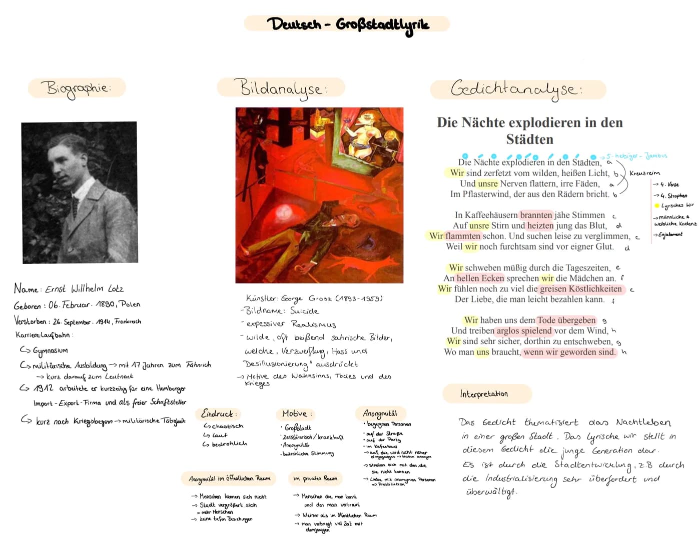 # Deutsch - Großstadtlyrik
## Biographie:
Name: Ernst Willhelm Lotz
Geboren: 06. Februar. 1890, Polen
Verstorben: 26. September. 1914, Fra