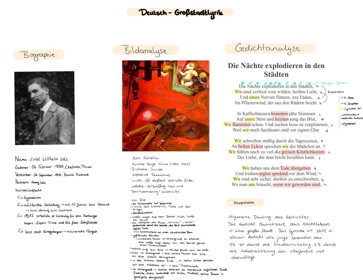 # Deutsch - Großstadtlyrik
## Biographie:
Name: Ernst Willhelm Lotz
Geboren: 06. Februar. 1890, Polen
Verstorben: 26. September. 1914, Fra