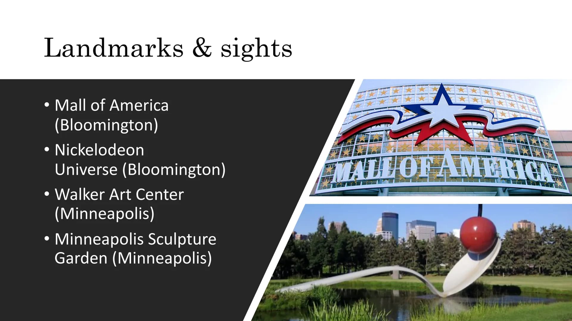 MN
Minnesota Structure
* General information
* 3 biggest cities
* State animals & local food
* Landmarks & sights
* Landscape & weather
* Ed