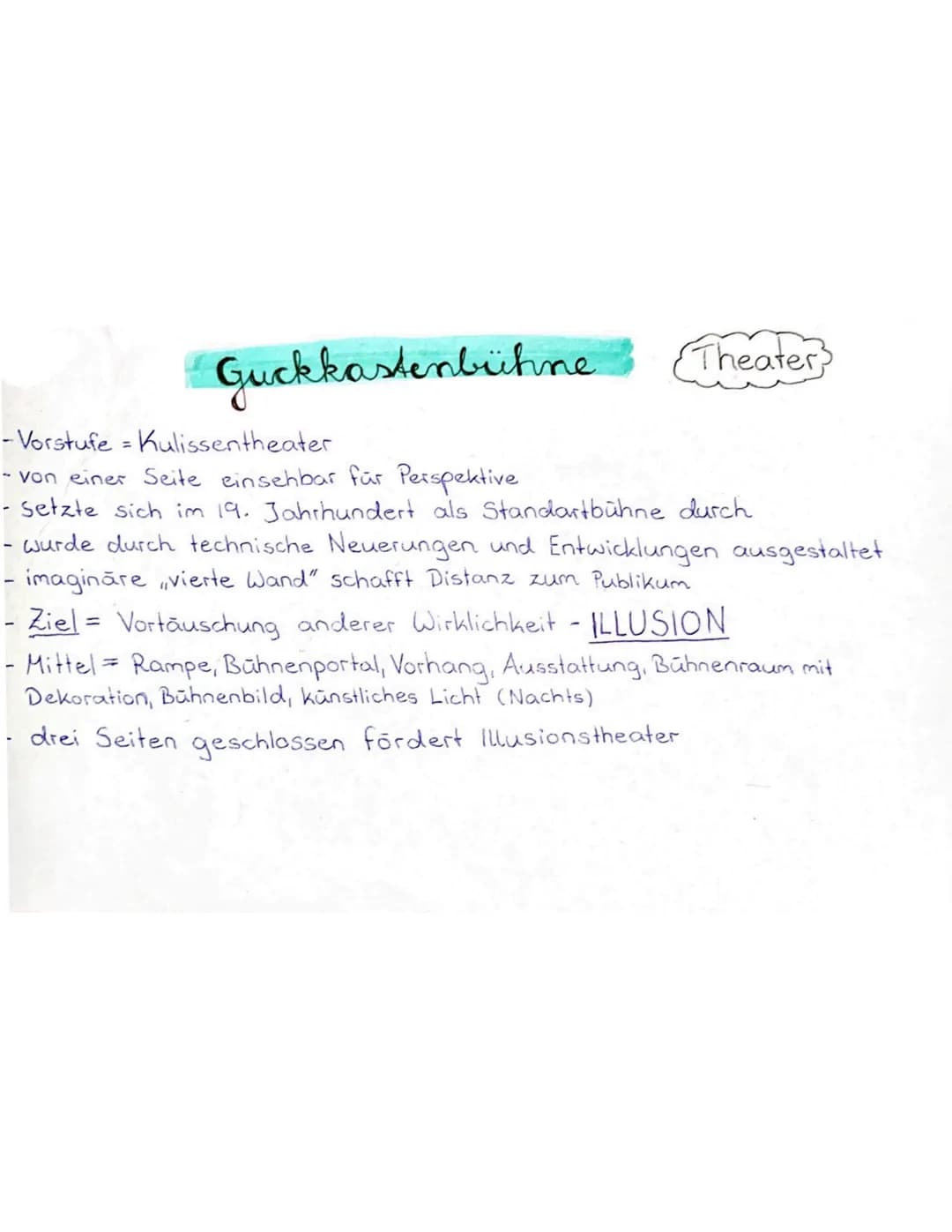 Guckkastenbühne
Theater
- Vorstufe = Kulissentheater
- von einer Seite einsehbar für Perspektive
- Setzte sich im 19. Jahrhundert als Standa