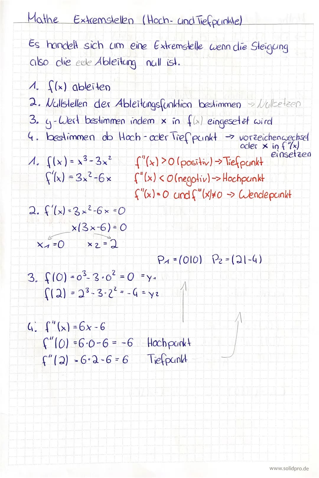 # Mathe Extremslellen (Hoch- und Tiefpunkte)
Es handelt sich um eine Extremstelle wenn die Steigung
also die erste Ableitung null ist.
1. f