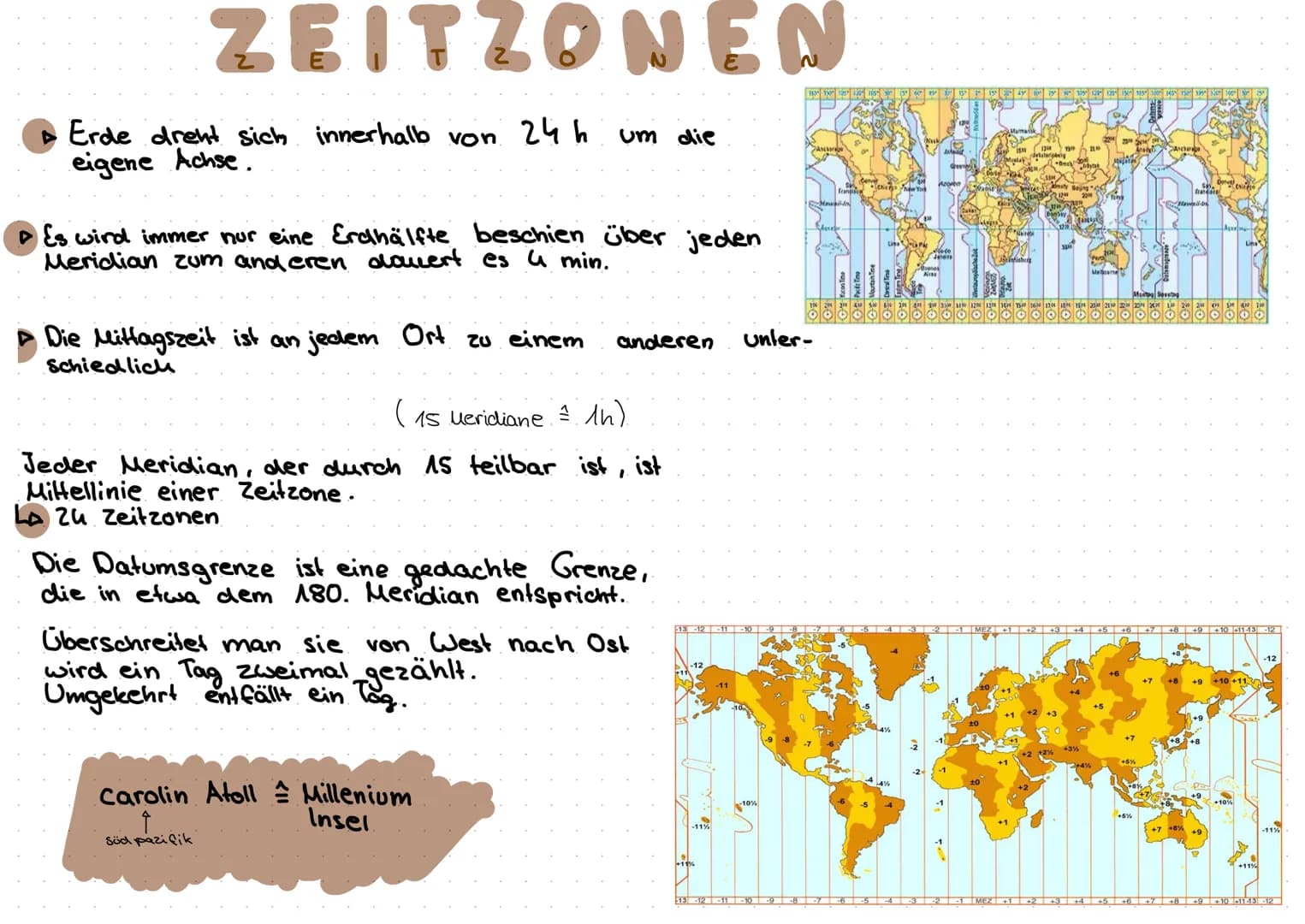 # ZEITZONEN
- Erde dreht sich innerhalb von 24 h um die eigene Achse.
- Es wird immer nur eine Erdhälfte beschien über jeden Meridian zum an