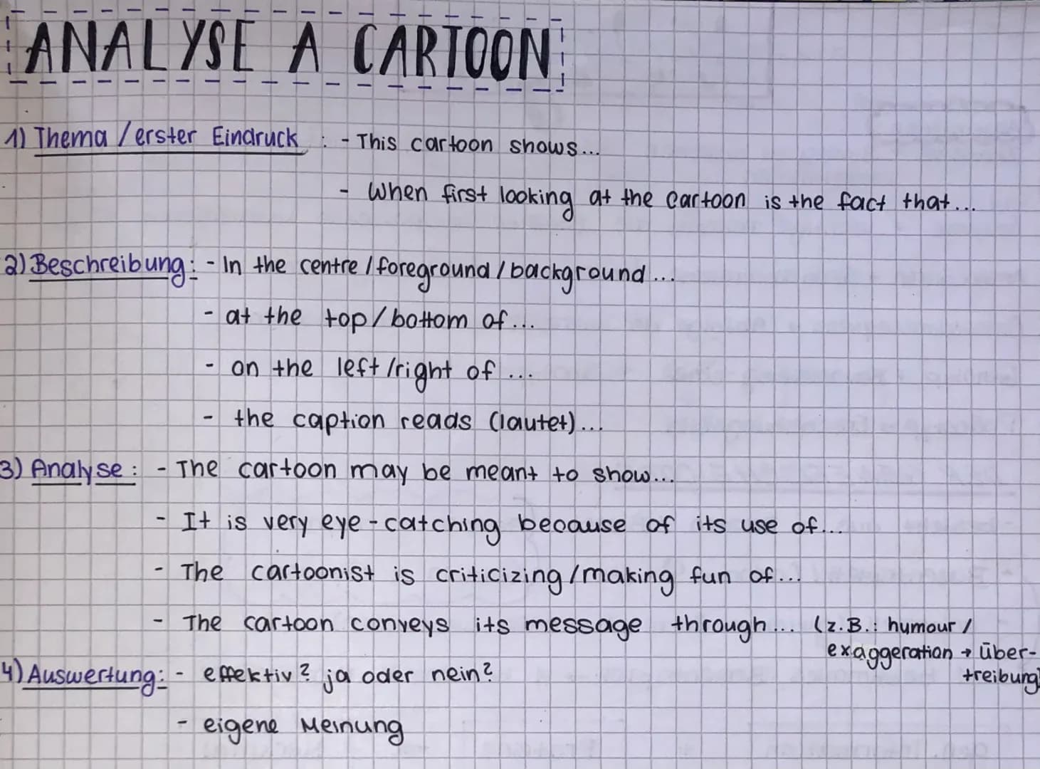 # ANALYSE A CARTOON
1) Thema / erster Eindruck
- This cartoon shows...
- When first looking at the cartoon is the fact that...
2) Beschrei