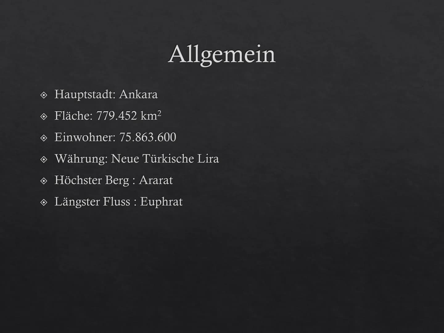 # Türkei
Von Nico
## Allgemein
* Hauptstadt: Ankara
* Fläche: $779.452 \text{ km}^2$
* Einwohner: $75.863.600$
* Währung: Neue Tü