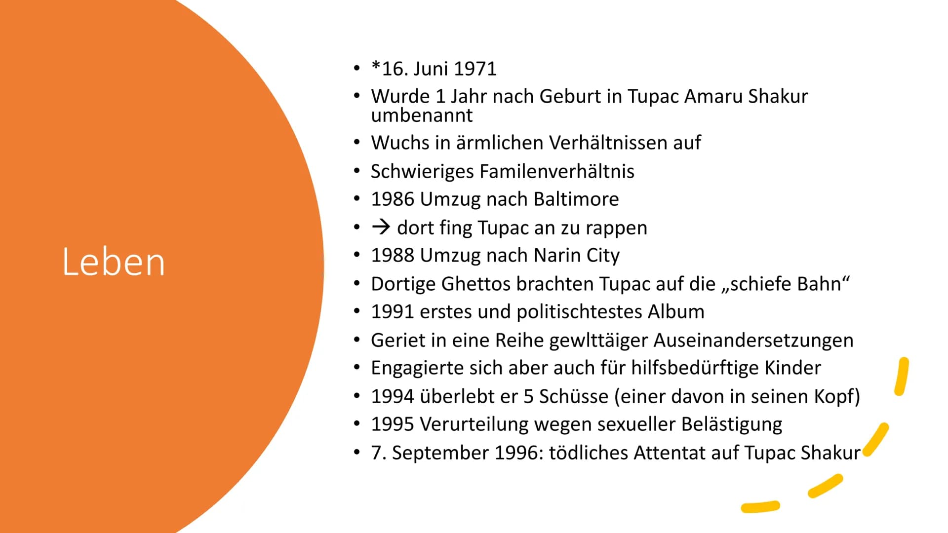 # Tupac Shakur - Handout
## 1 Allgemeines
- Tupac Amaru Shakur
- Geburtsdatum: 16. Juni 1971 als Lesane Parish Crooks in Manhattan
- Sterb