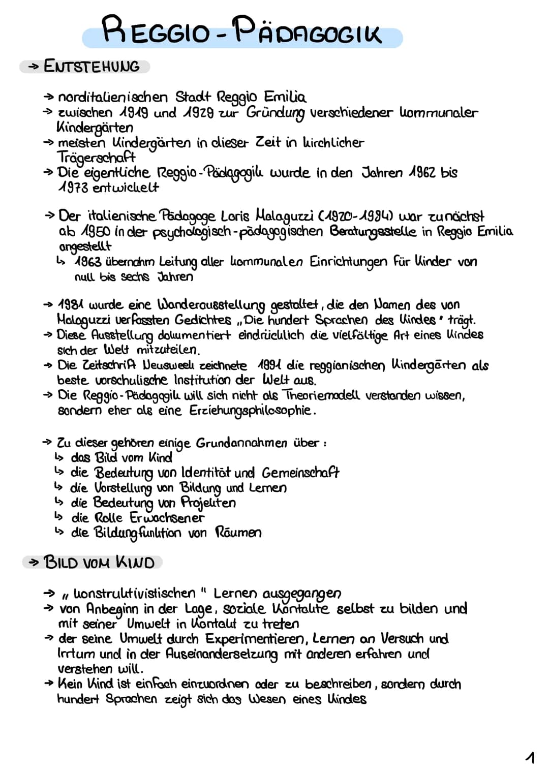 # REGGIO-PÄDAGOGIK
## ENTSTEHUNG
- norditalienischen Stadt Reggio Emilia
- zwischen 1919 und 1929 zur Gründung verschiedener kommunaler Kin