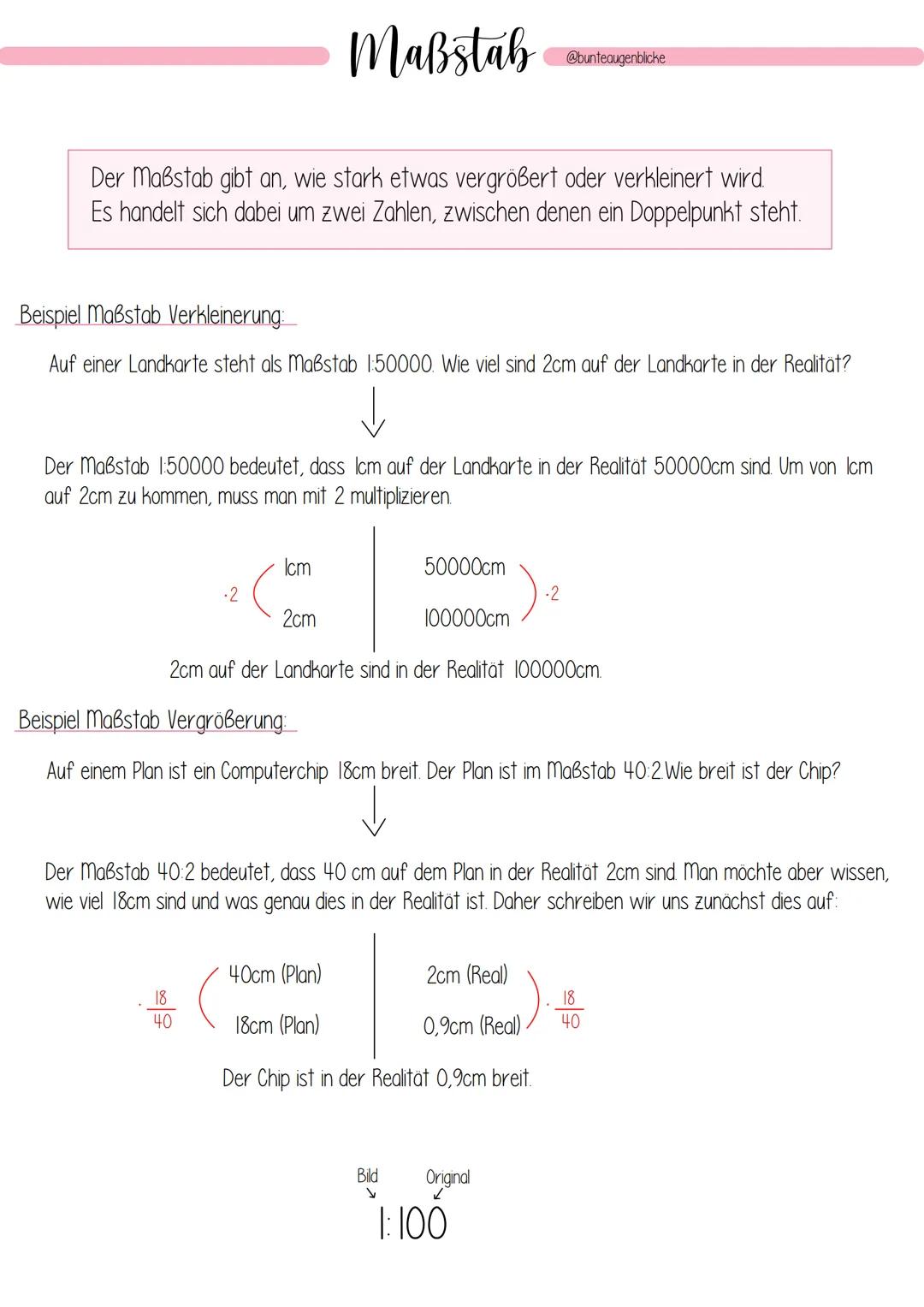 Maßstab
Der Maßstab gibt an, wie stark etwas vergrößert oder verkleinert wird.
Es handelt sich dabei um zwei Zahlen, zwischen denen ein Dopp