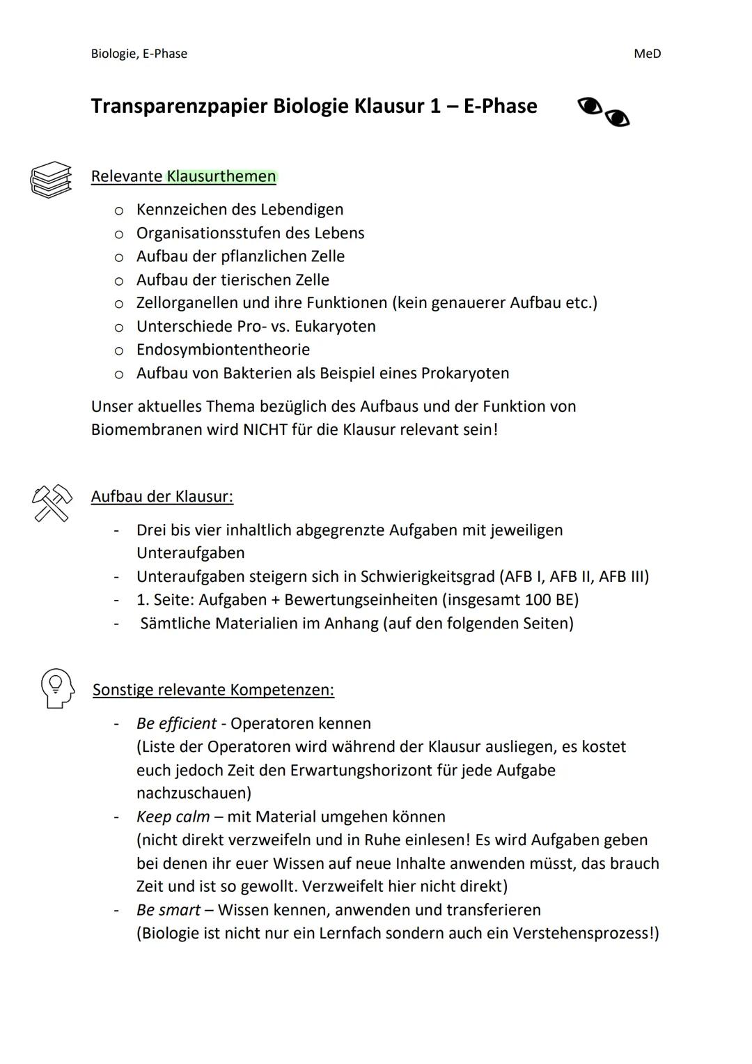 FD
Biologie, E-Phase
Transparenzpapier Biologie Klausur 1 - E-Phase
Relevante Klausurthemen
o Kennzeichen des Lebendigen
o Organisationsstuf