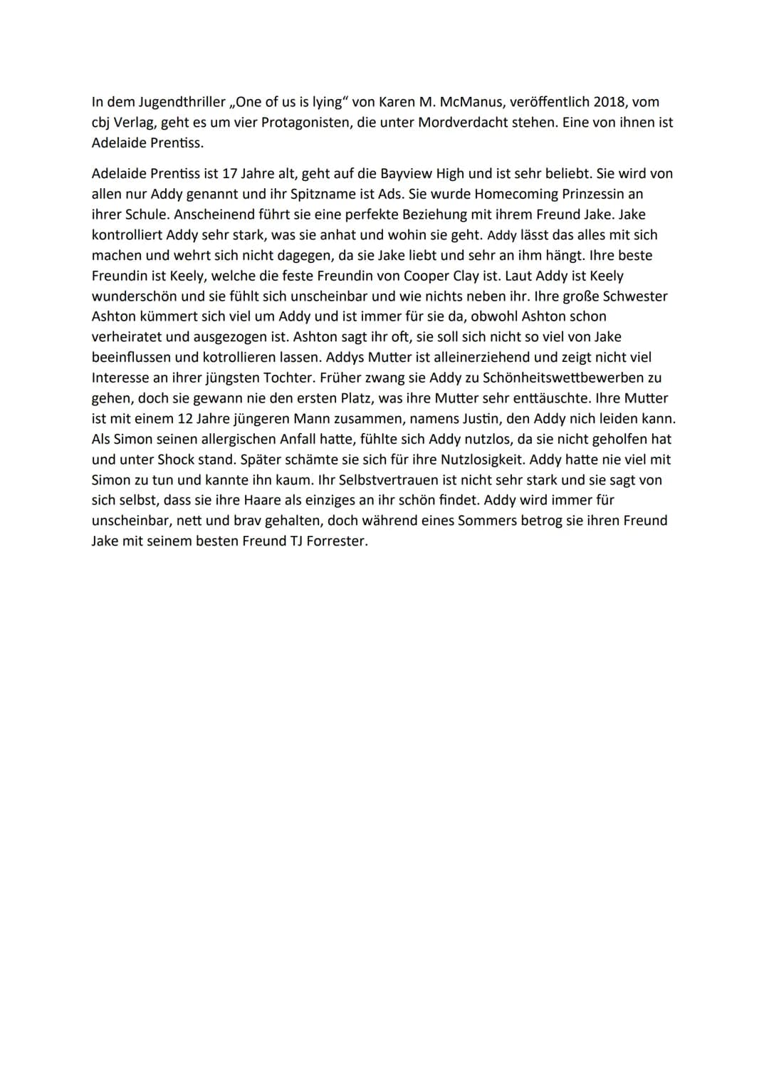 Lea Höflein
# Charakterisierung Nate
26.03.2020
In dem Jugendthriller „One of us is lying" von Karen M. McManus, veröffentlich 2018, vom