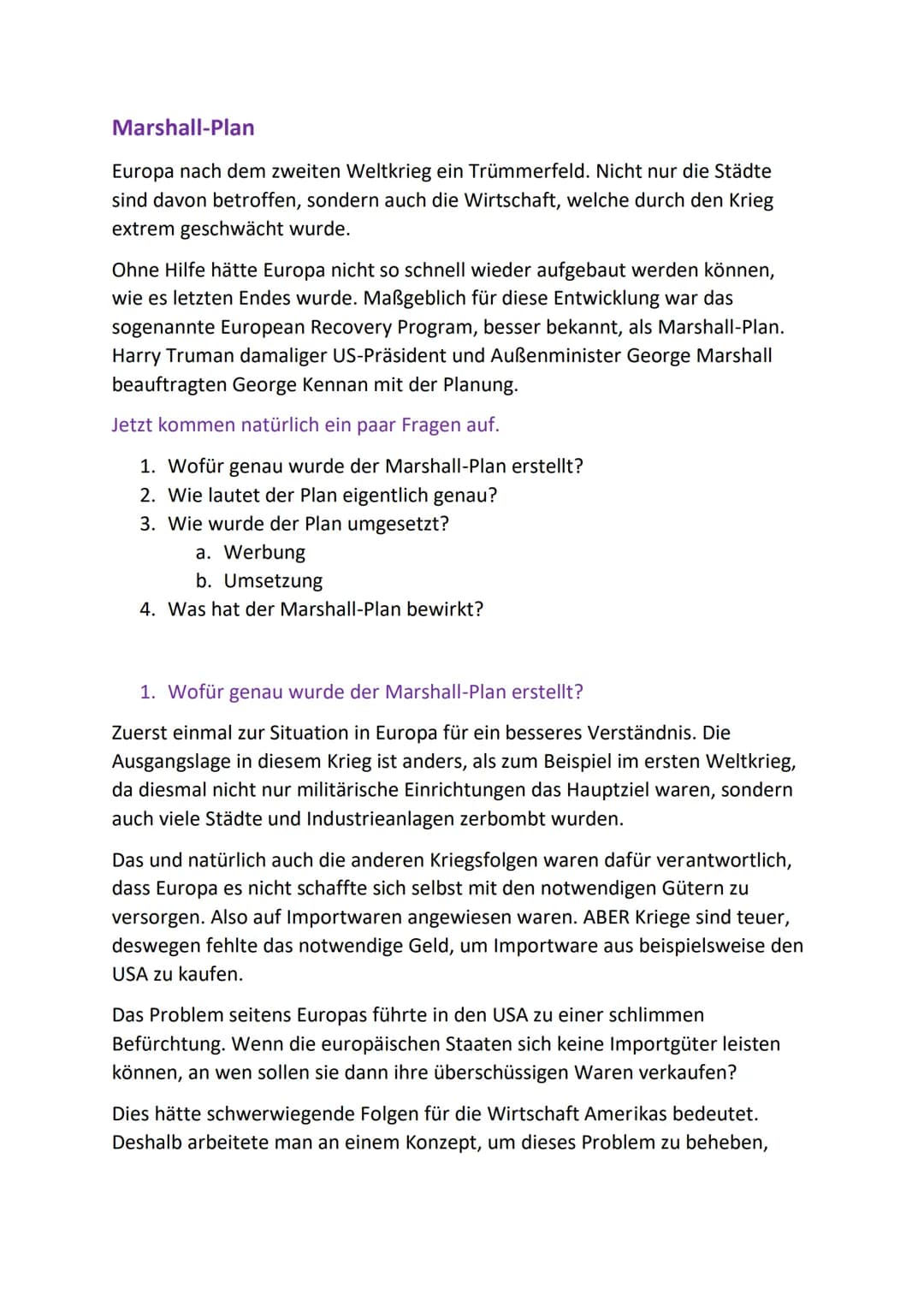 # Marshall-Plan
Europa nach dem zweiten Weltkrieg ein Trümmerfeld. Nicht nur die Städte sind davon betroffen, sondern auch die Wirtschaft,