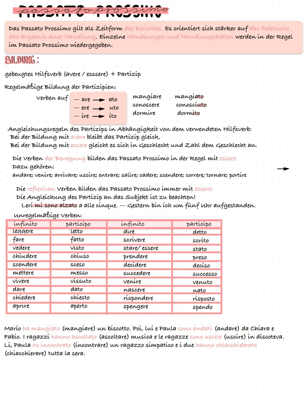 Das Passato Prossimo gilt als Zeitform des Berichtes. Es orientiert sich stärker auf das Faktische, das Ergebnis einer Handlung. Einzelne Ha