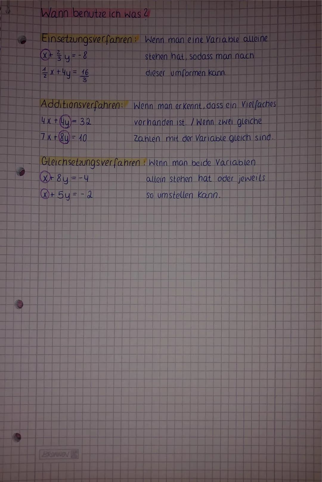 # Einsetzungsverfahren
- irgendeine Gleichung nach einer Var. umformen
- diese dann in andere Gleichung einsetzen und andere Var. raus bekom
