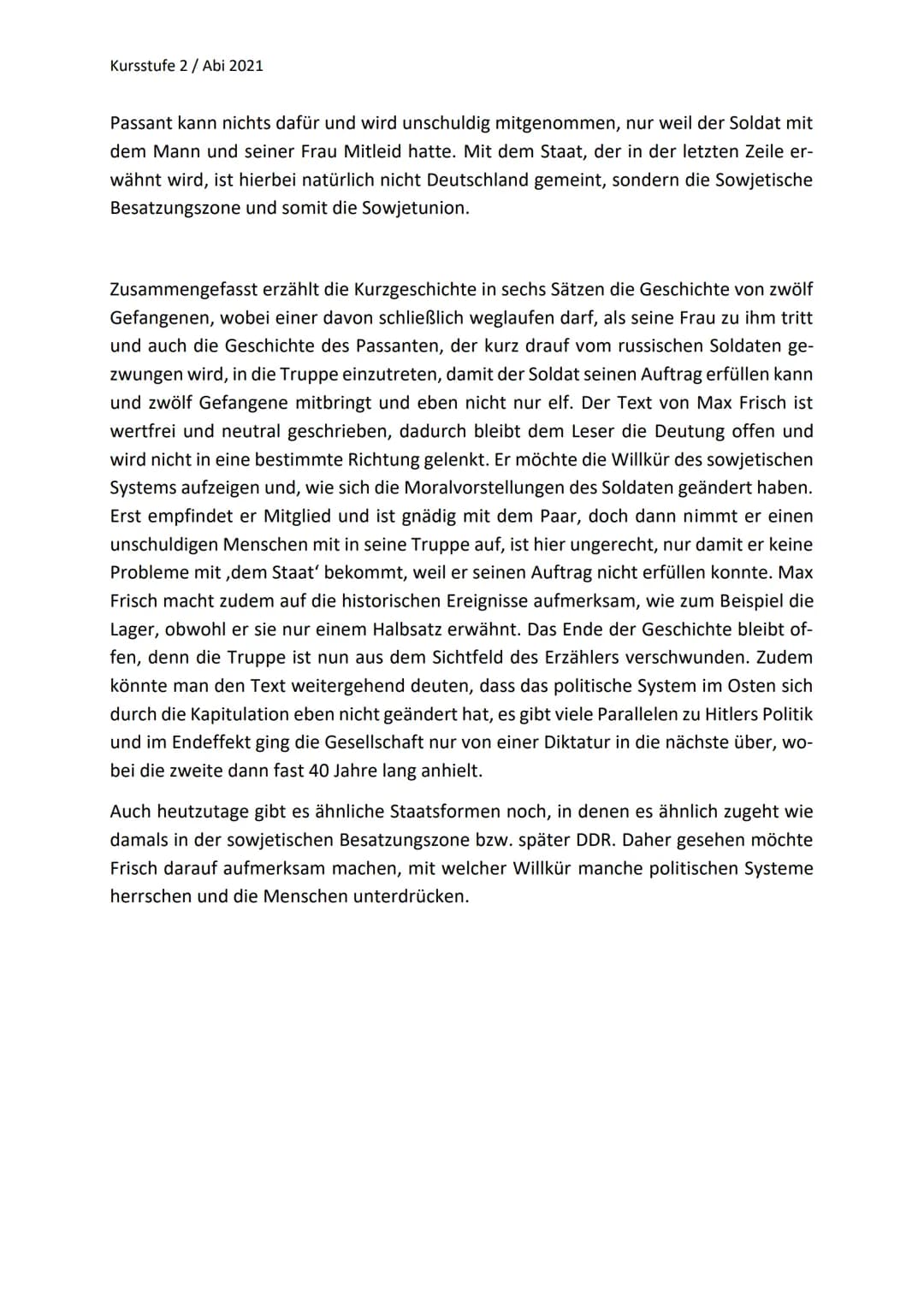 Kursstufe 2 / Abi 2021
Kurzgeschichten Interpretation
Max Frisch - Szene in Berlin, Sommer 1945
Die Kurzgeschichte „Szene in Berlin, 1945