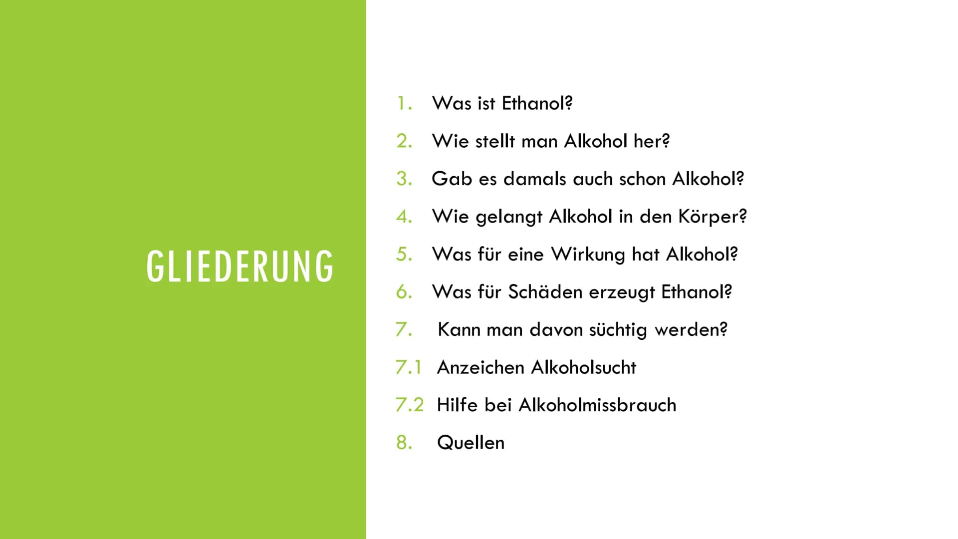 # ETHANOL - VOM GENUSS ZUR SUCHT
## 1. Grundlagen
### Definition:
- Summenformel: $C_2H_6O$
- reine Substanz farblos, bei Raumtemperatur