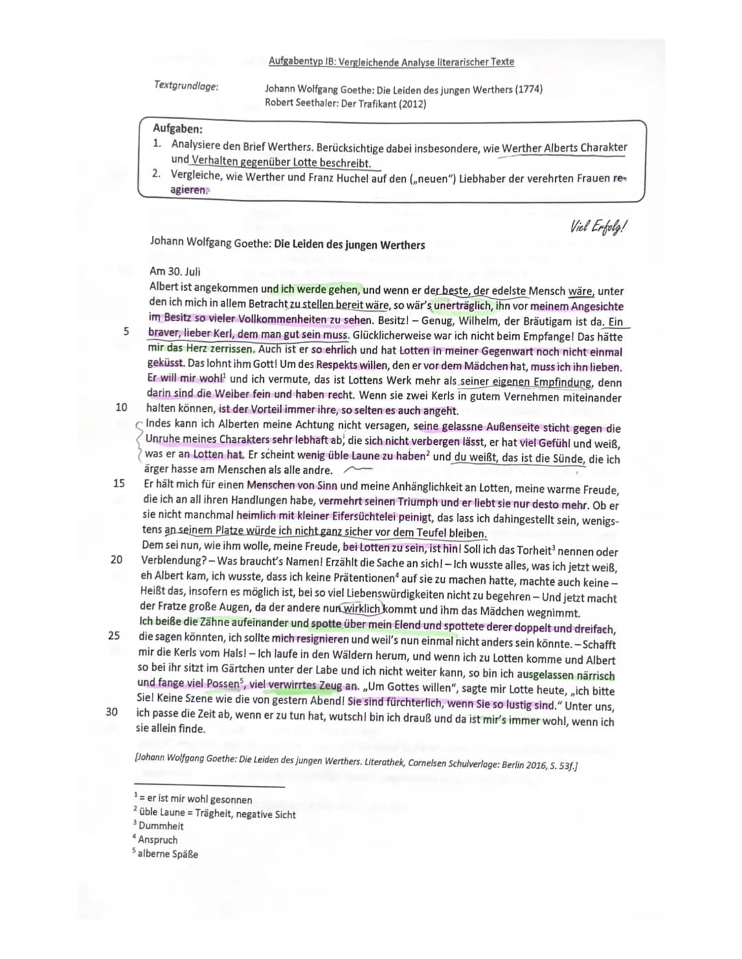Aufgabentyp IB: Vergleichende Analyse literarischer Texte
Textgrundlage:
Johann Wolfgang Goethe: Die Leiden des jungen Werthers (1774)
Robe