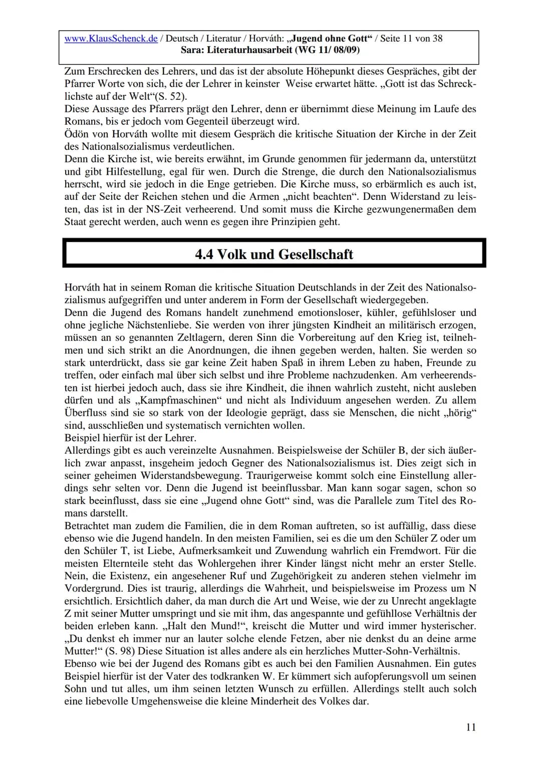 www.KlausSchenck.de / Deutsch / Literatur / Horváth: „Jugend ohne Gott“ / Seite 2 von 38
Sara: Literaturhausarbeit (WG 11/08/09)
# Inhaltsv